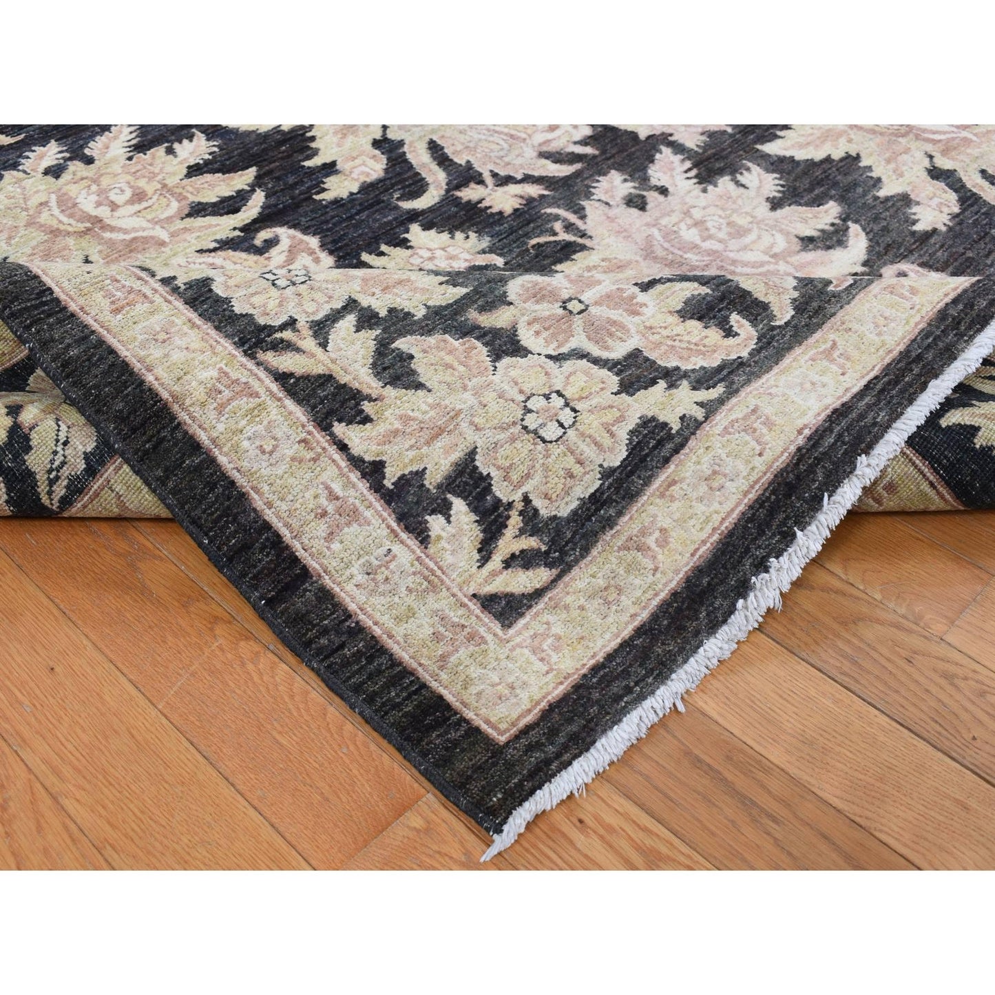 9'1"X12'4" Black Fine Peshawar Design Hand Knotted Pure Wool Rug