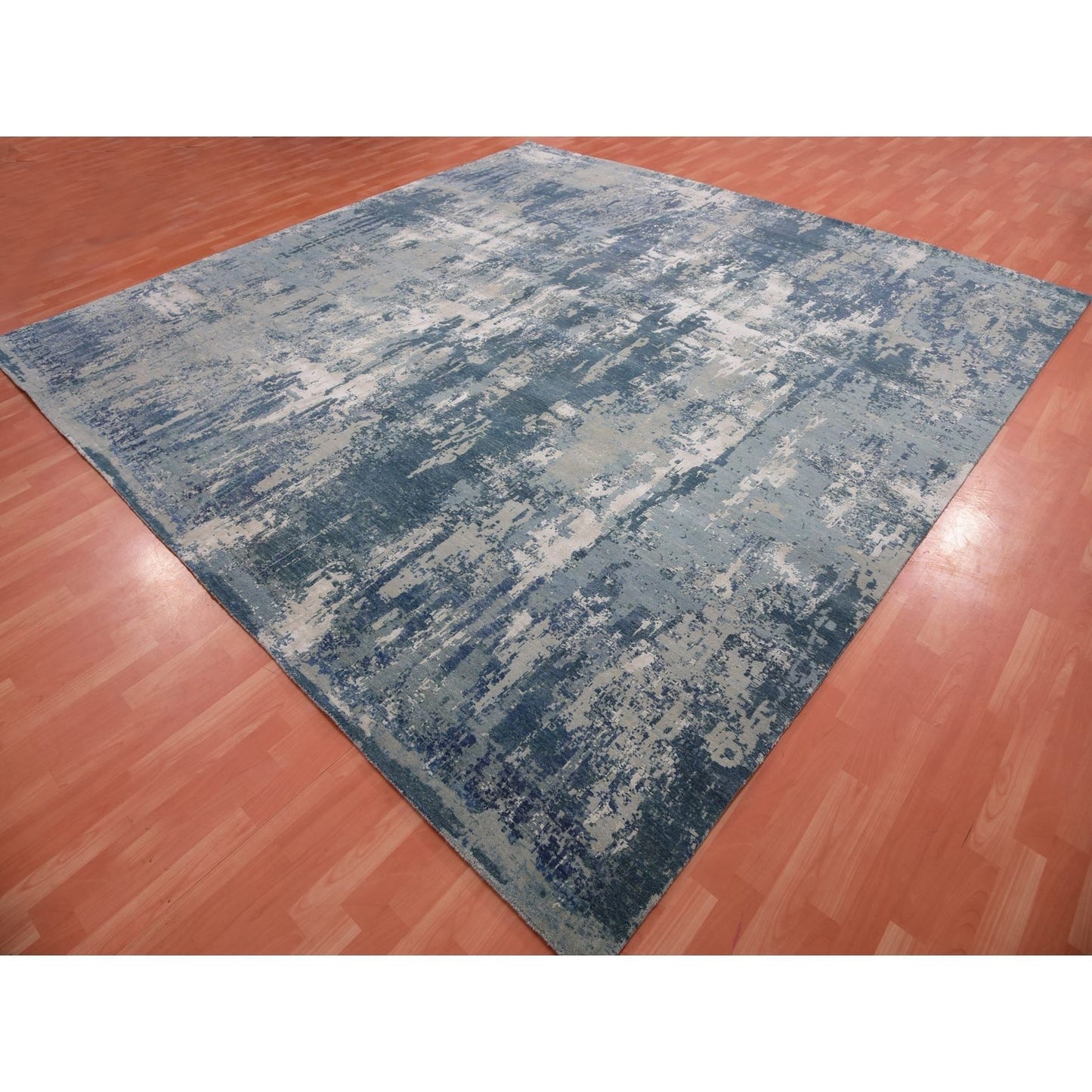 12'X12' Grotto Blue Abstract Design Silk And Wool Hand Knotted Square Rug