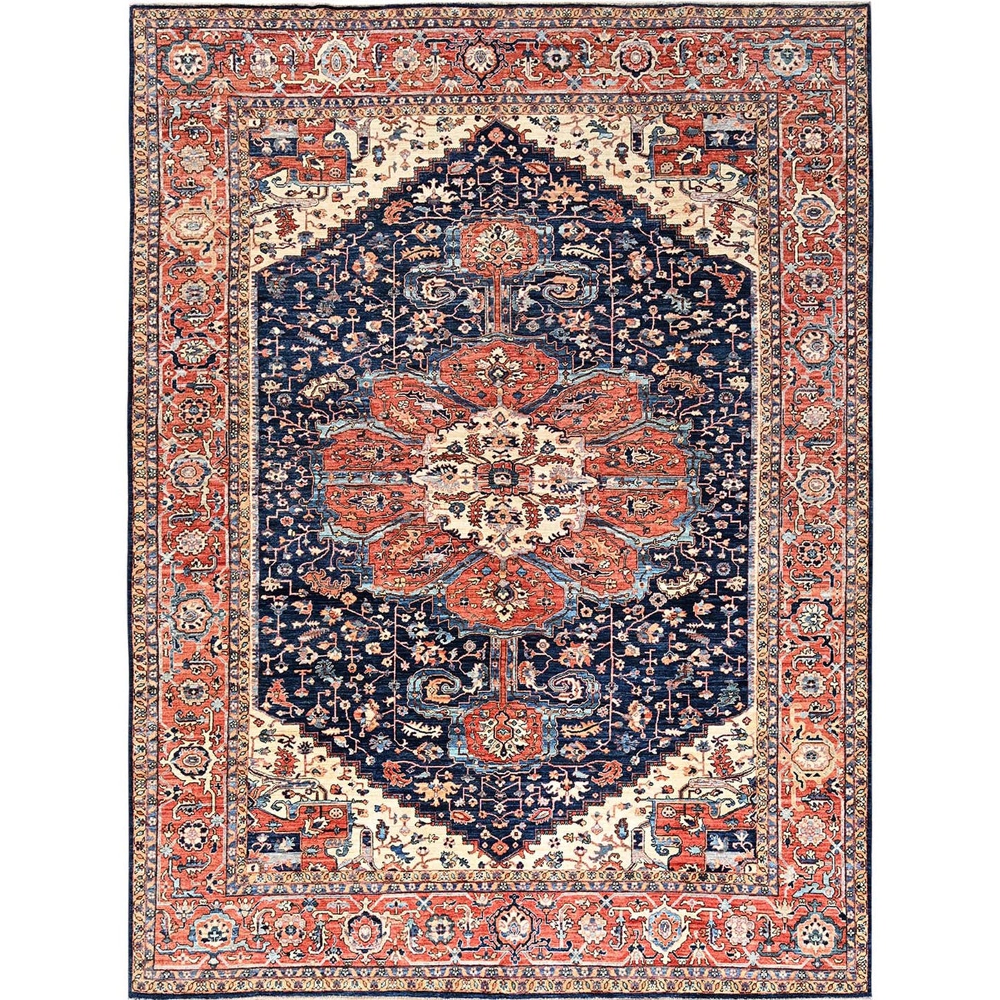 10'1"X14' Midnight Blue Seeripe Heris Design Soft Wool Hand Knotted Rug