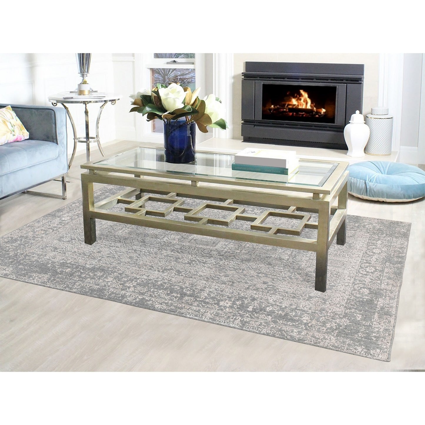 5'10"X9'1" Gray Fine Jacquard Hand Loomed Modern Wool And Art Silk Rug