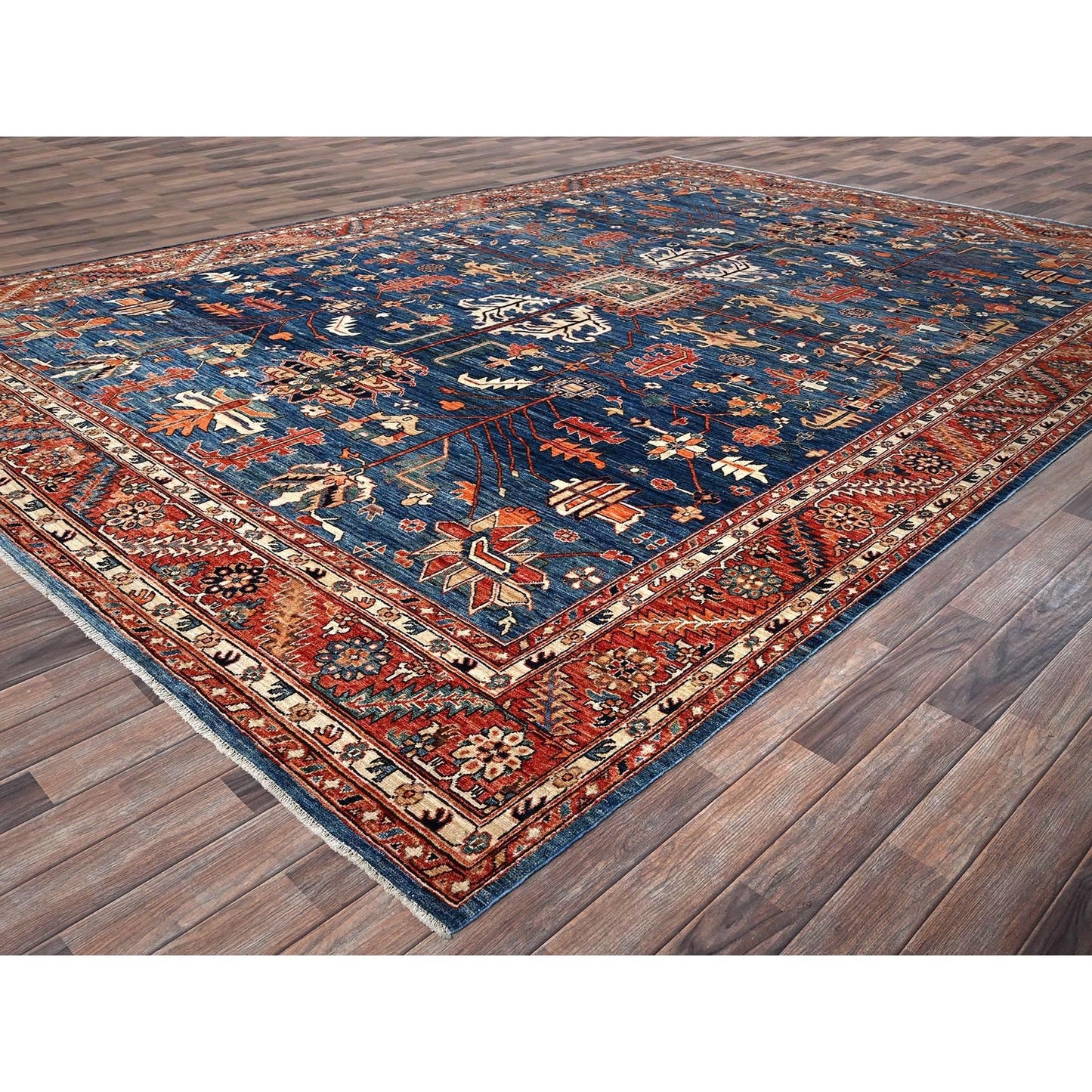 10'X13'10" Imperial Blue Heris All Over Design Soft Wool Hand Knotted Rug