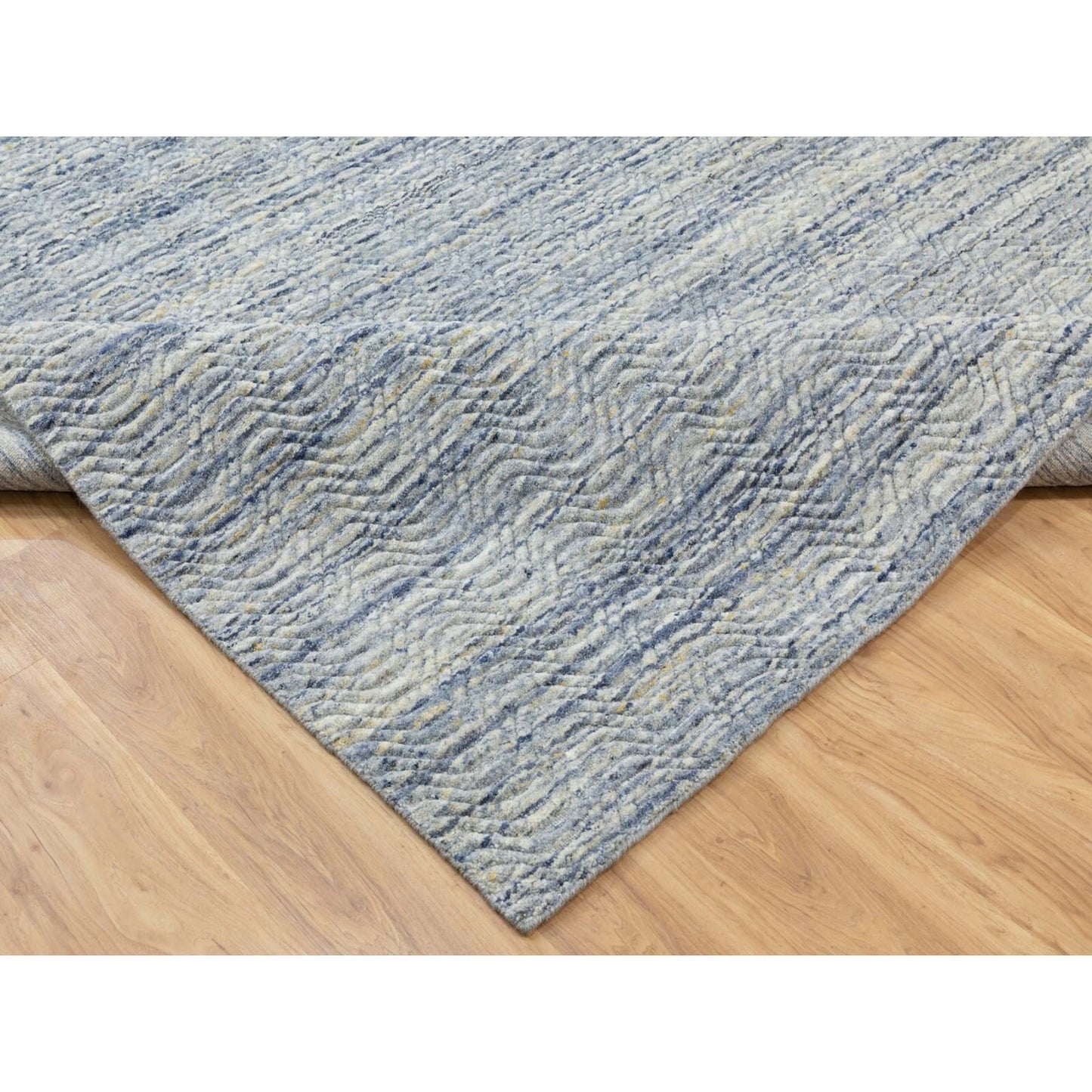 9'X11'10" Blue Hand Loomed Variegated Design Organic Wool Oriental Rug