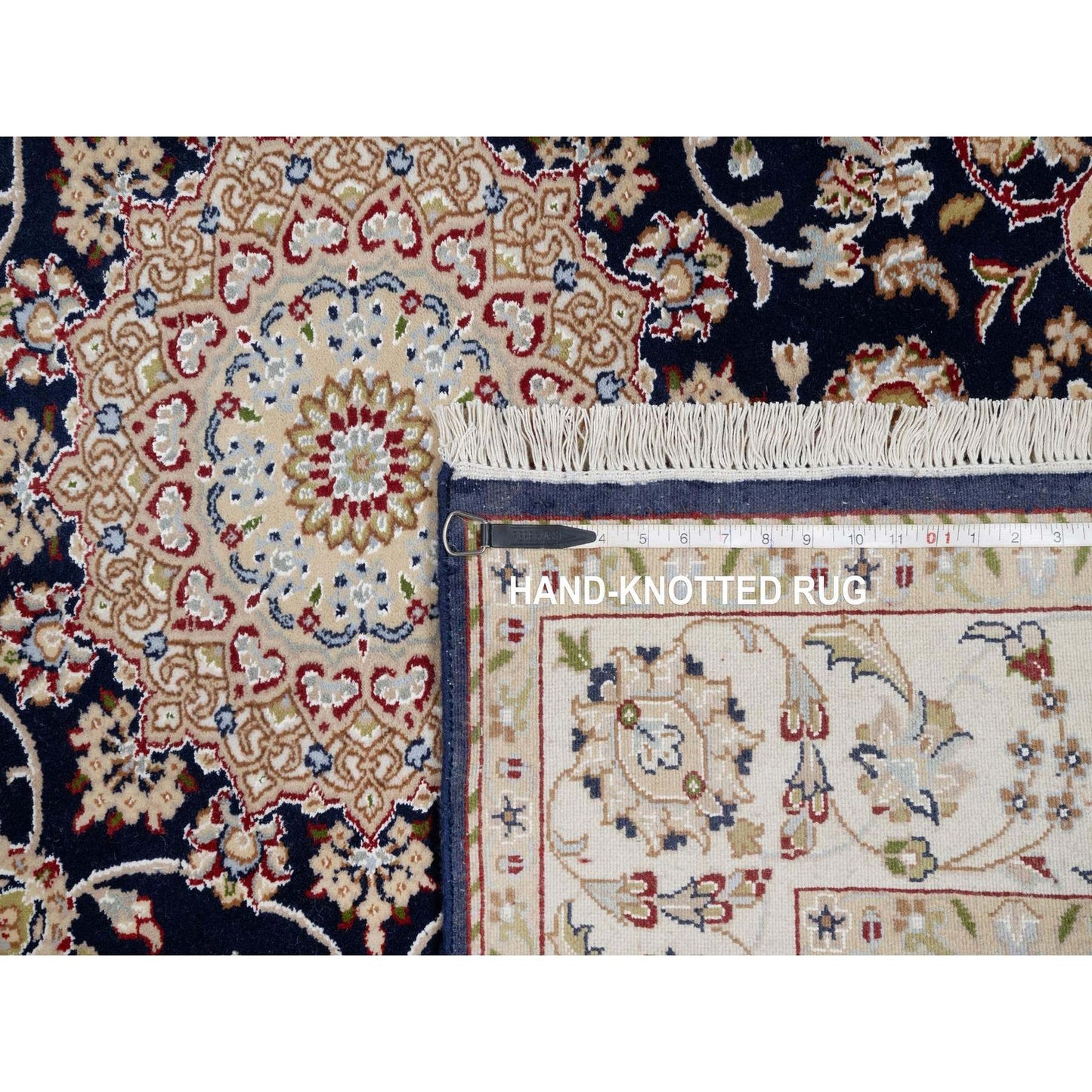 5'X5' Blue Wool And Silk Hand Knotted Nain With Flower Design Square Rug
