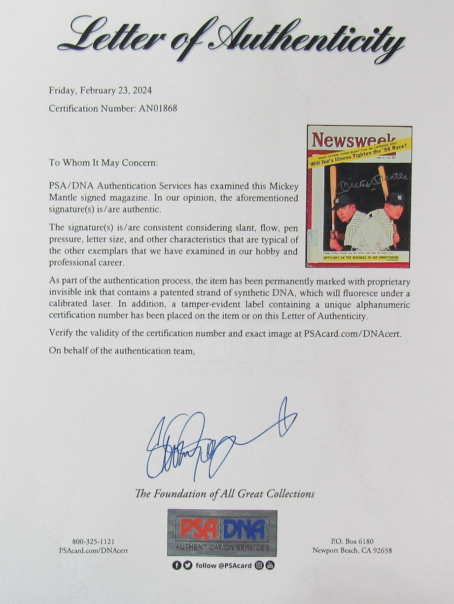 Mickey Mantle Hof Yankees Signed June 25, 1956