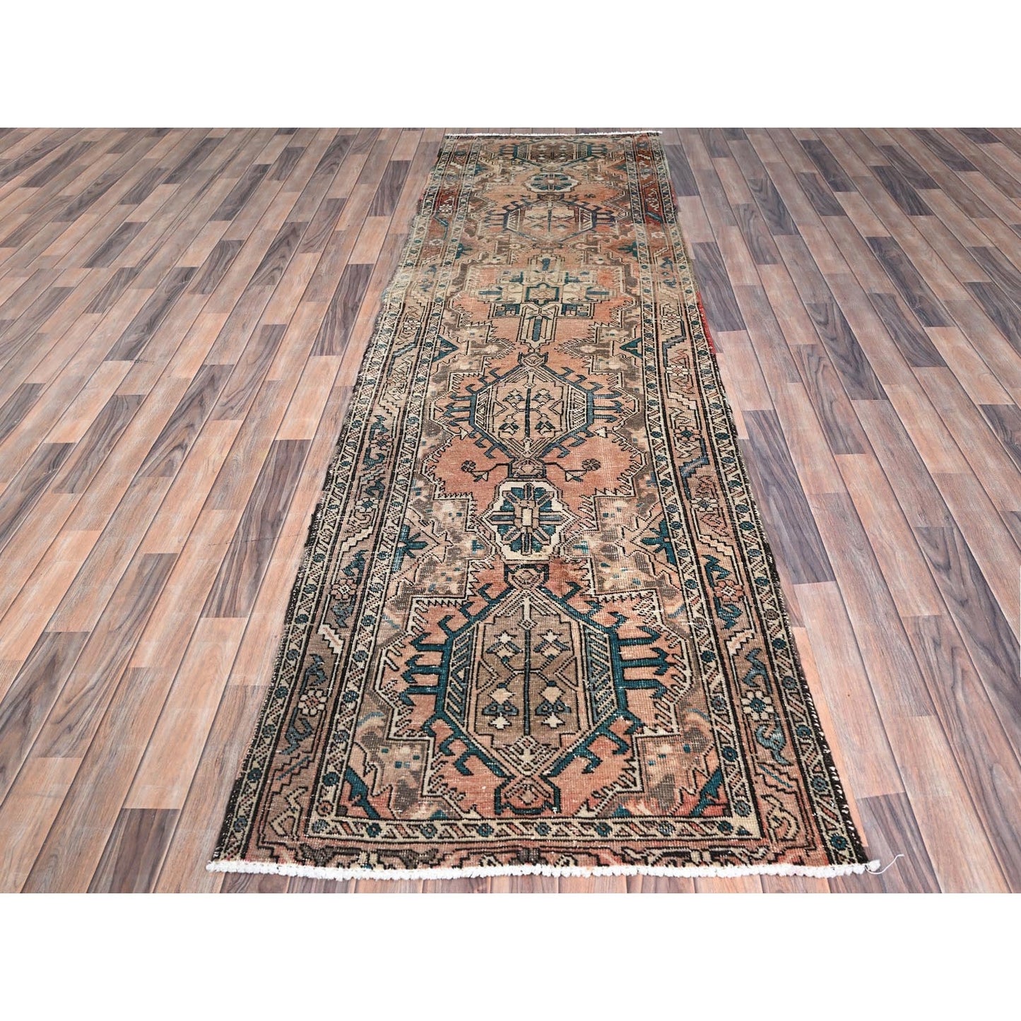 3'2"X10'9" Fenugreek Brown Clean Vintage Karjihooz Hand Knotted Wool Rug