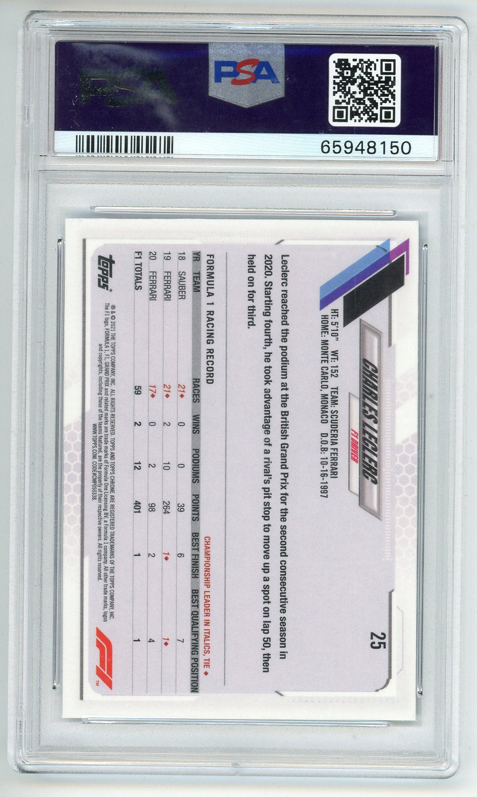 Charles Leclerc 2021 Topps Chrome Sapphire Edition #25 Psa 10