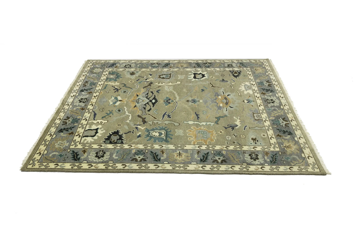 Khaki Floral Oushak Chobi Oriental Rug Handmade