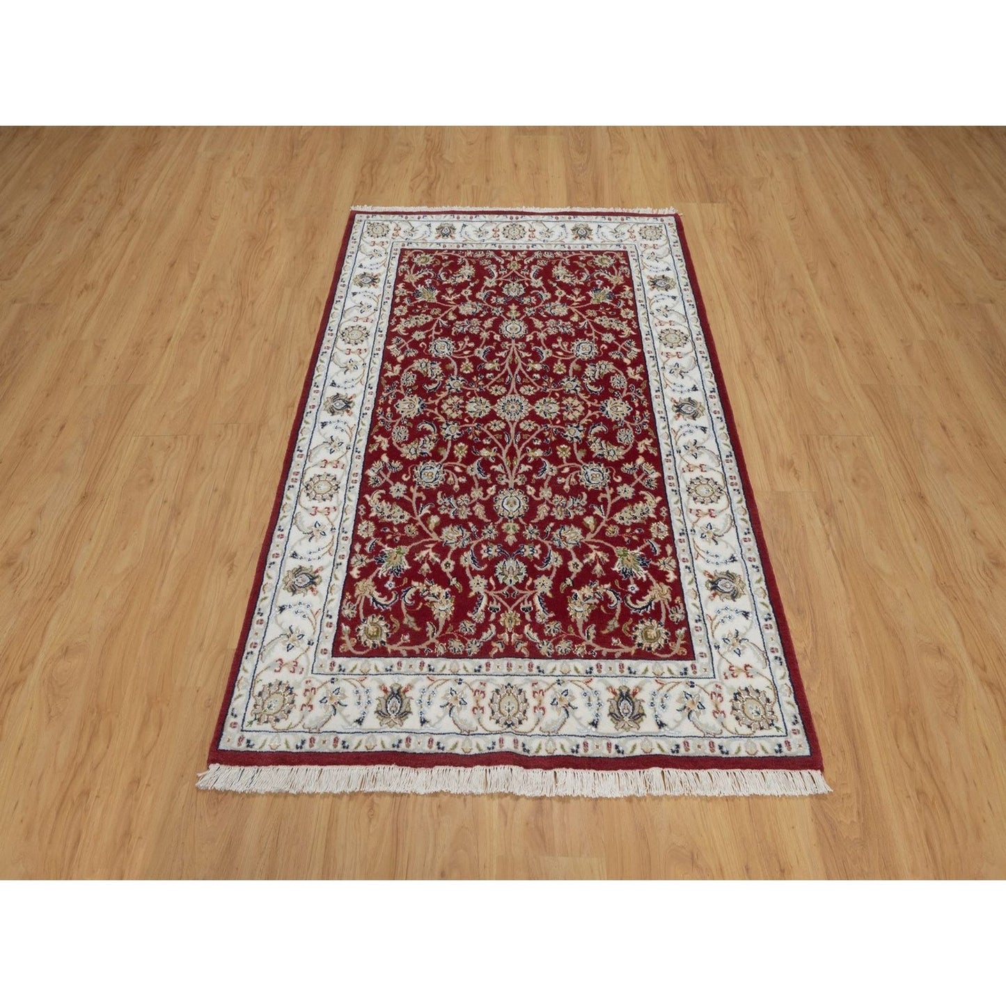 4'X6'1" Red Nain With Flower Pattern Wool And Silk Hand Knotted Rug