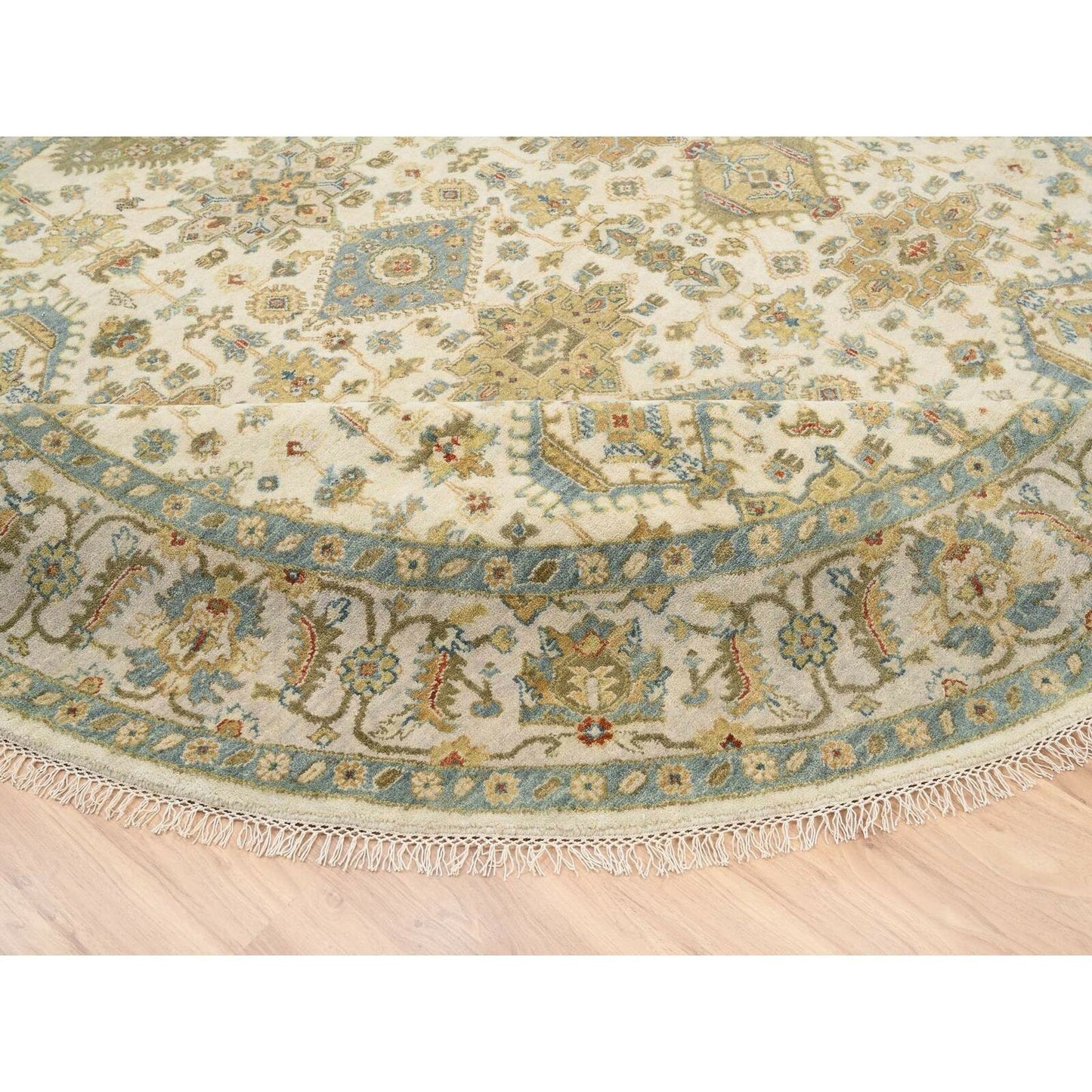 8'10"X8'10" Ivory Hand Knotted Karjihooz Design Wool Round Rug