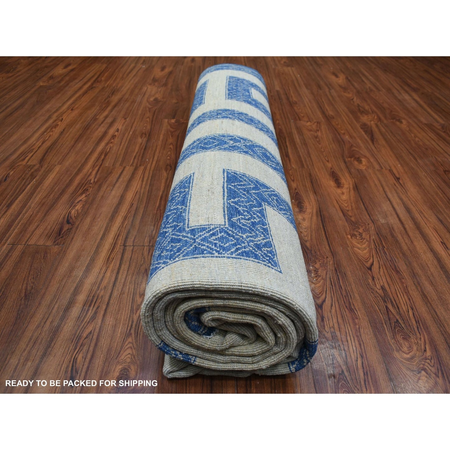 9'2"X11'9" Denim Blue Maze Design Berber Influence Hand Knotted Wool Rug
