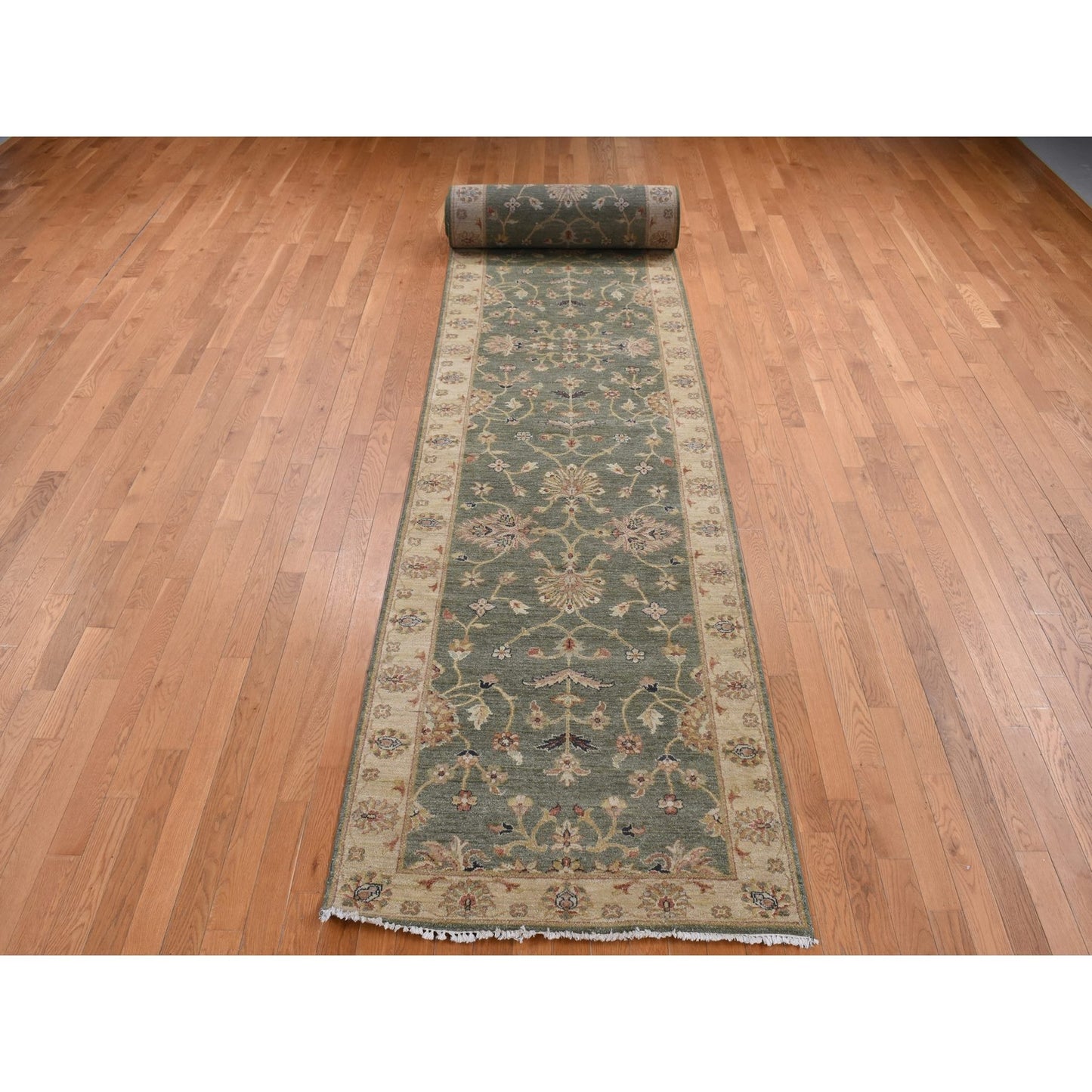 3'6"X32'2" Moss Green Pure Wool Hard Twist Agra Runner Hand Knotted Rug