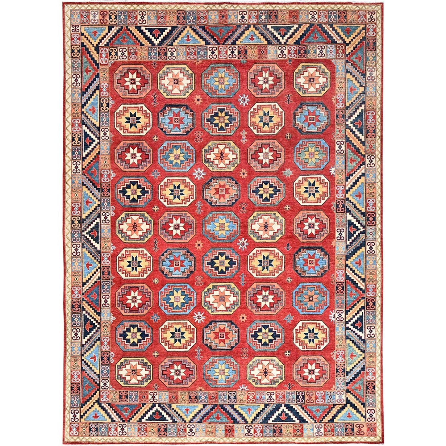 10'X13'10" Red Afghan Ersari Design Hand Knotted Natural Wool Rug