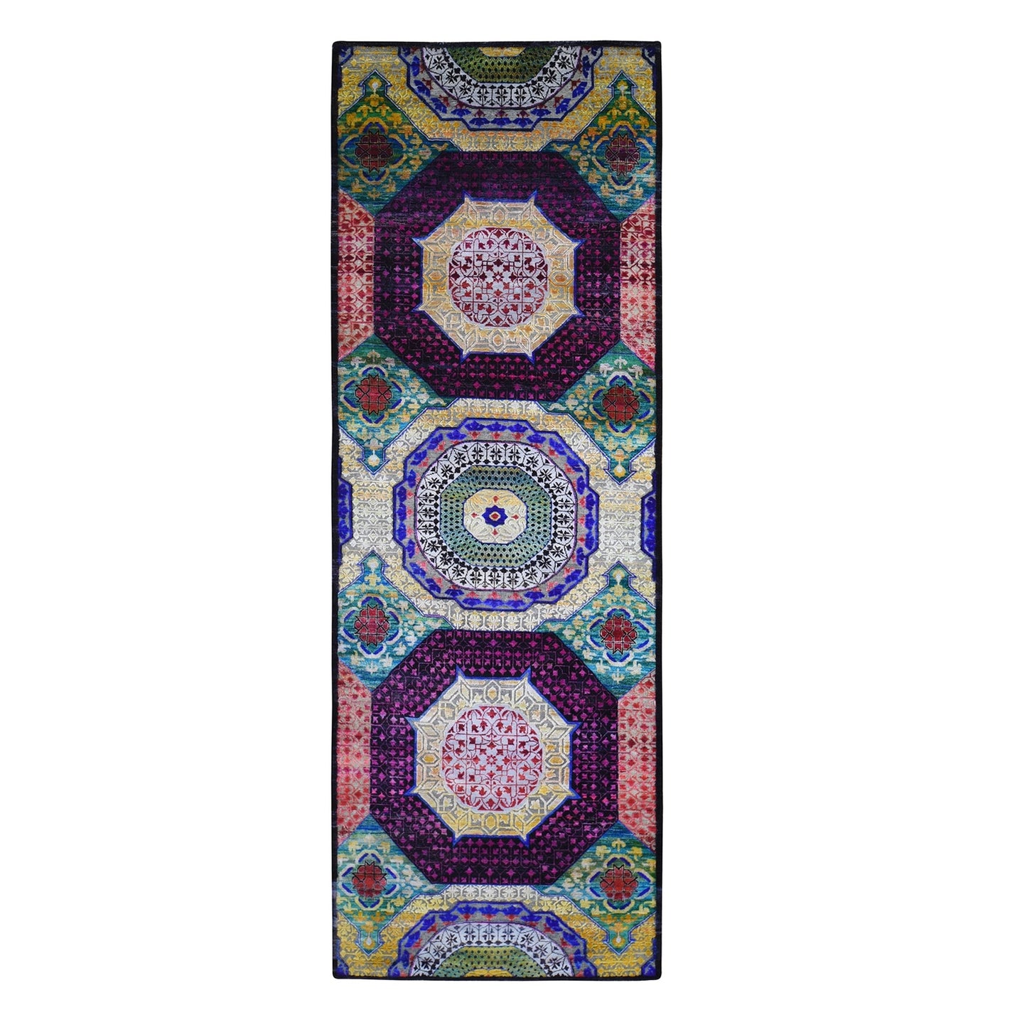 4'1"X12'3" Sari Silk With Textured Wool Mamluk Design Handmade Runner Rug