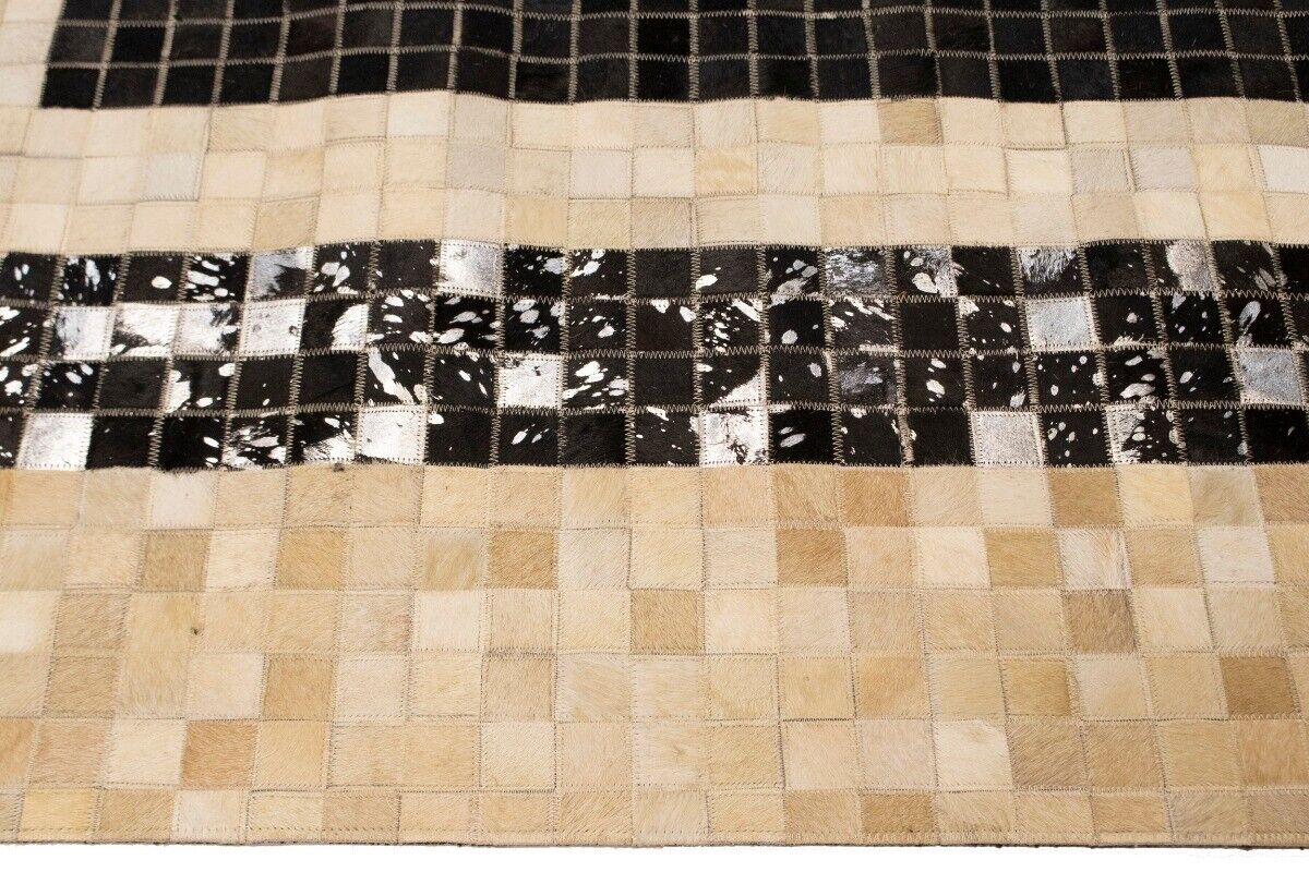 Hand-Stitched Black Beige Cowhide Leather Rug 4X6