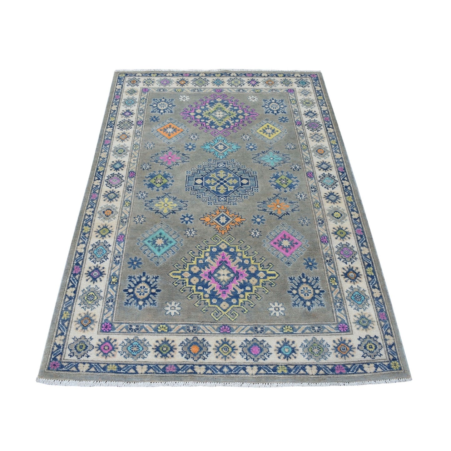 3'10"X5'9" Colorful Gray Fusion Kazak Pure Wool Hand Knotted Oriental Rug