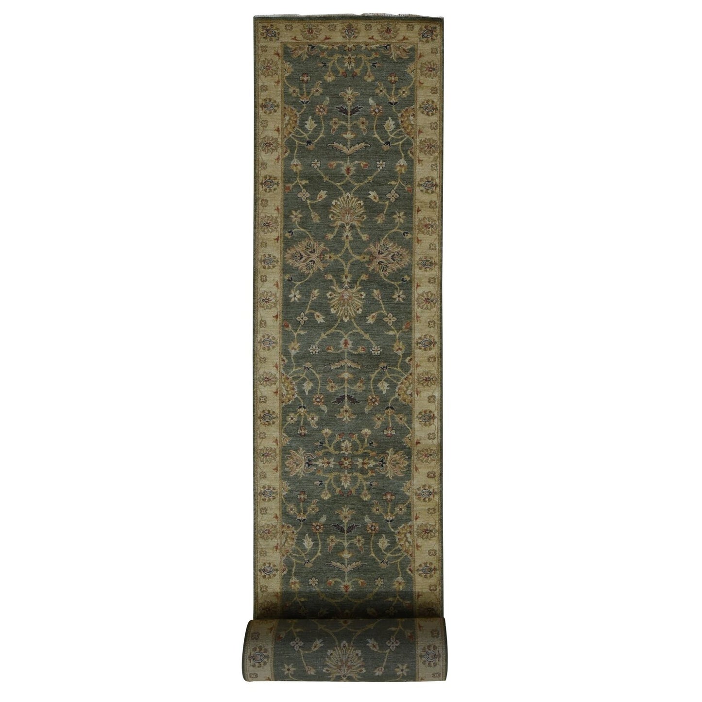 3'6"X32'2" Moss Green Pure Wool Hard Twist Agra Runner Hand Knotted Rug