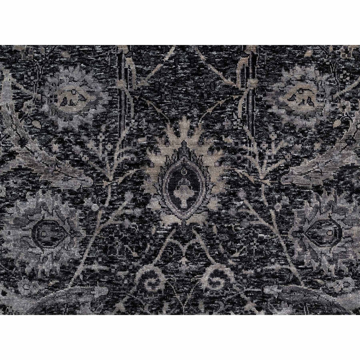 4'10"X7' Phantom Black Hand Knotted Sickle Leaf Design Wool And Silk Rug