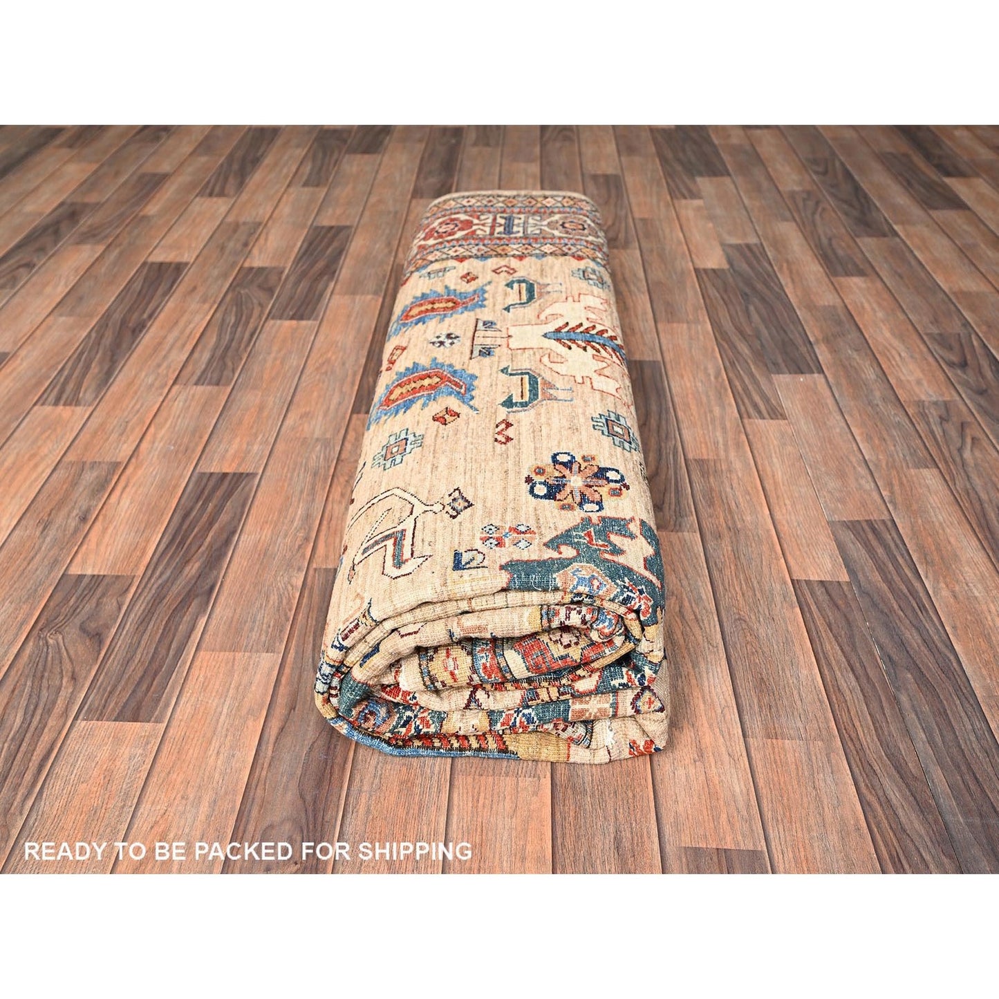 8'3"x9'9" Beige Hand Knotted Afghan Super Kazak Medallions Design Wool Rug