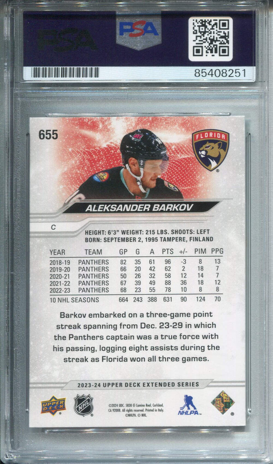 Aleksander Barkov Autographed Upper Deck Card Psa Authentic Auto