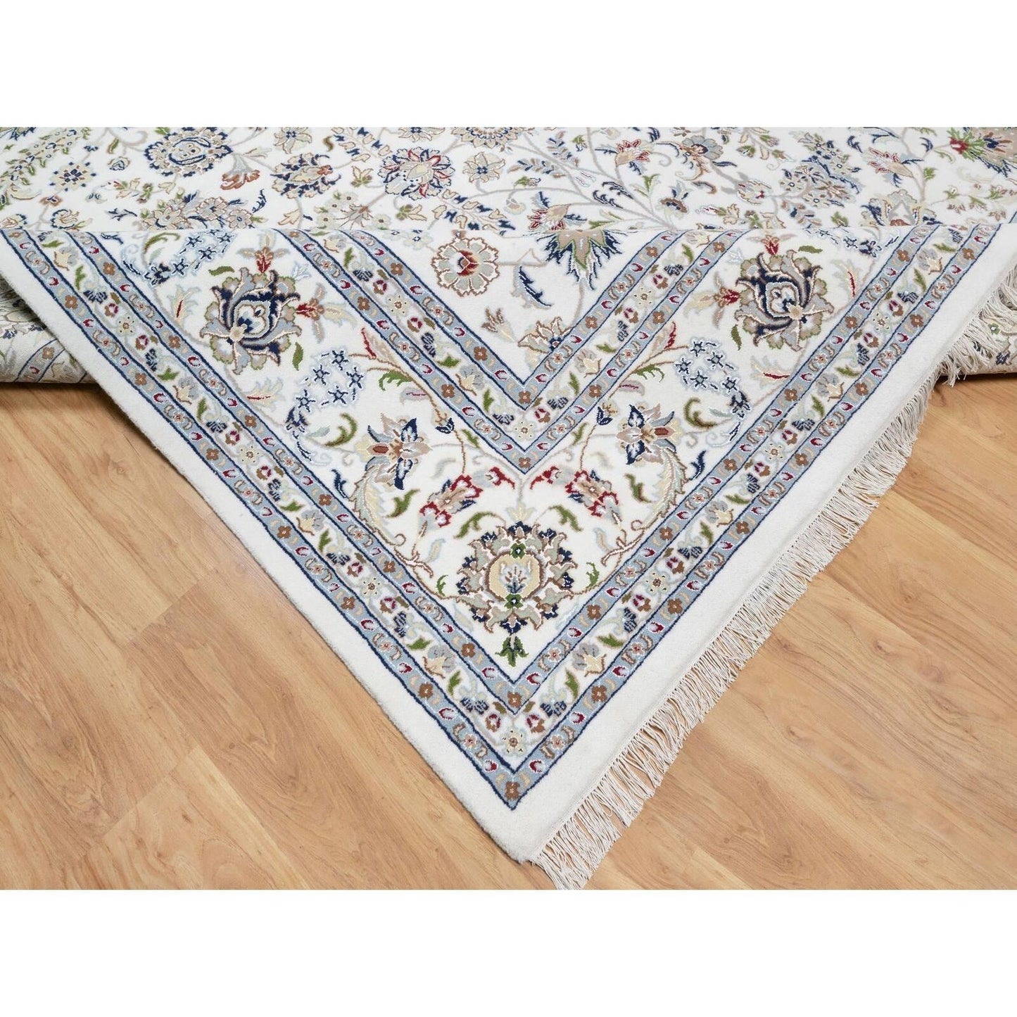 10'X10' White Wool And Silk Hand Knotted 250 Kpsi Nain Design Square Rug