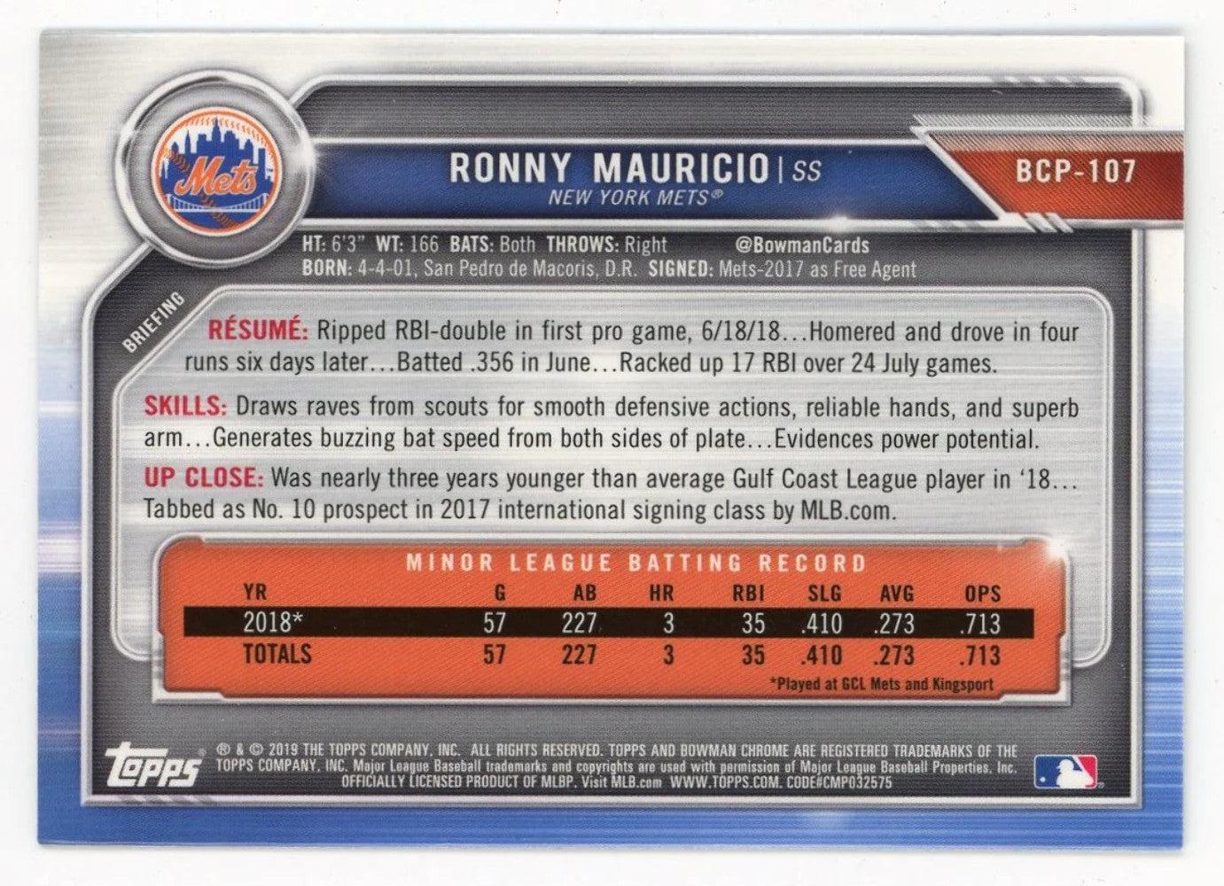 Ronny Mauricio 2019 Topps 1St Bowman Chrome #Bcp-107 Card