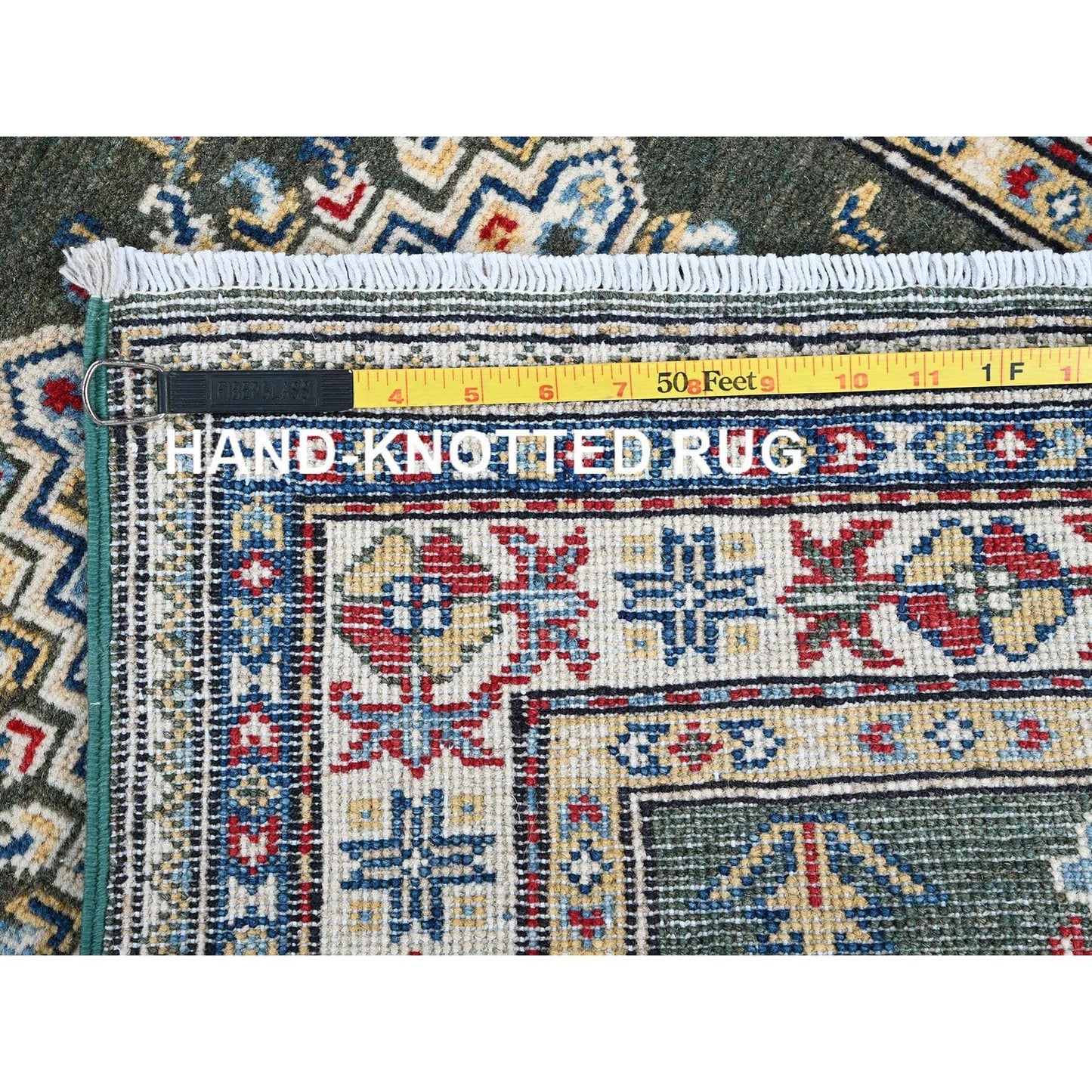 2'8"X6'5" Green Kazak With Geometric Design Wool Hand Knotted Runner Rug