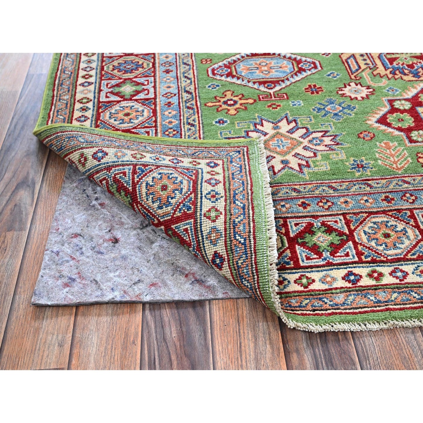 5'4"X6'8" Green Kazak Geometric Medallions Design Hand Knotted Wool Rug
