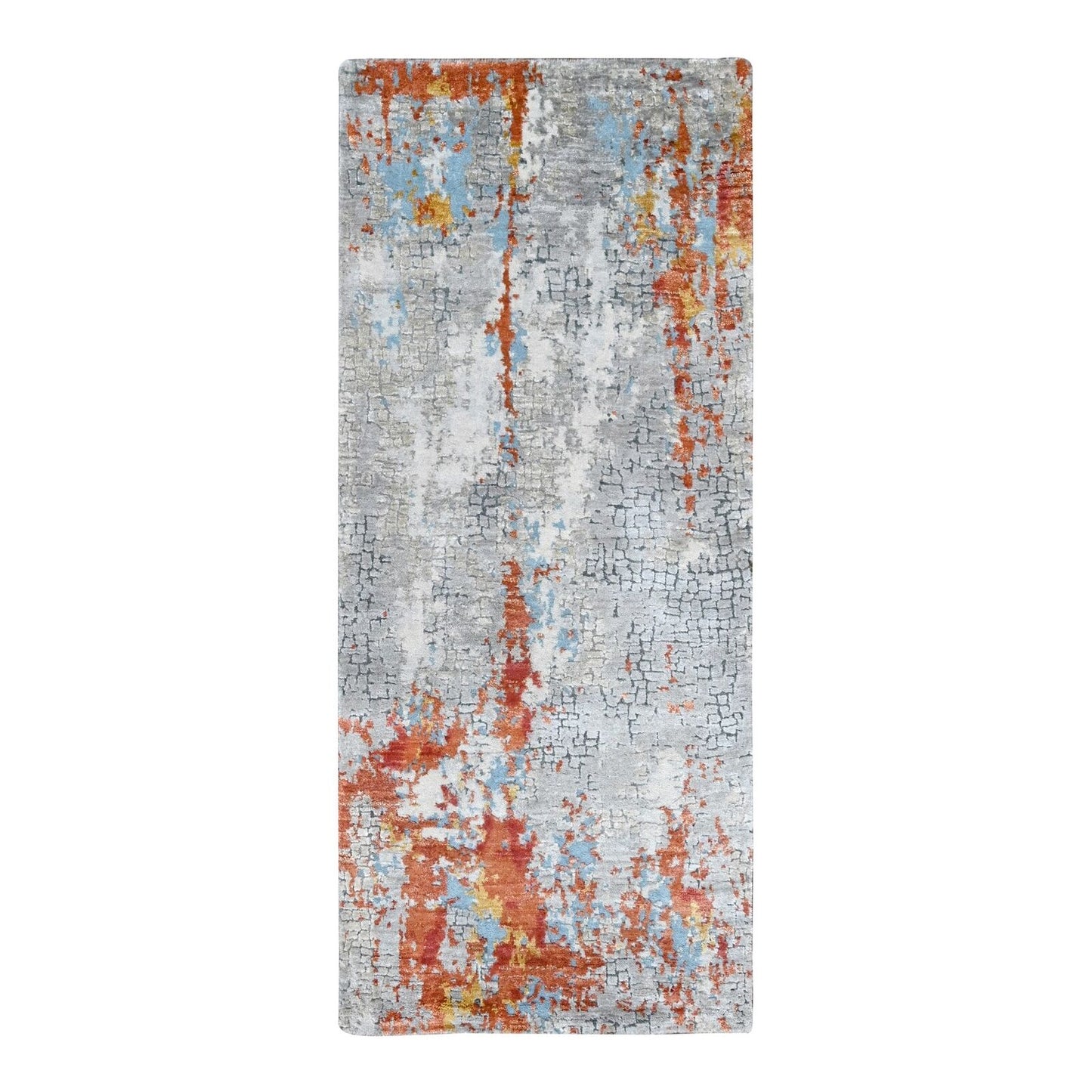 2'7"X5'10" Orange Abstract Design Wool And Silk Hand Knotted Runner Rug