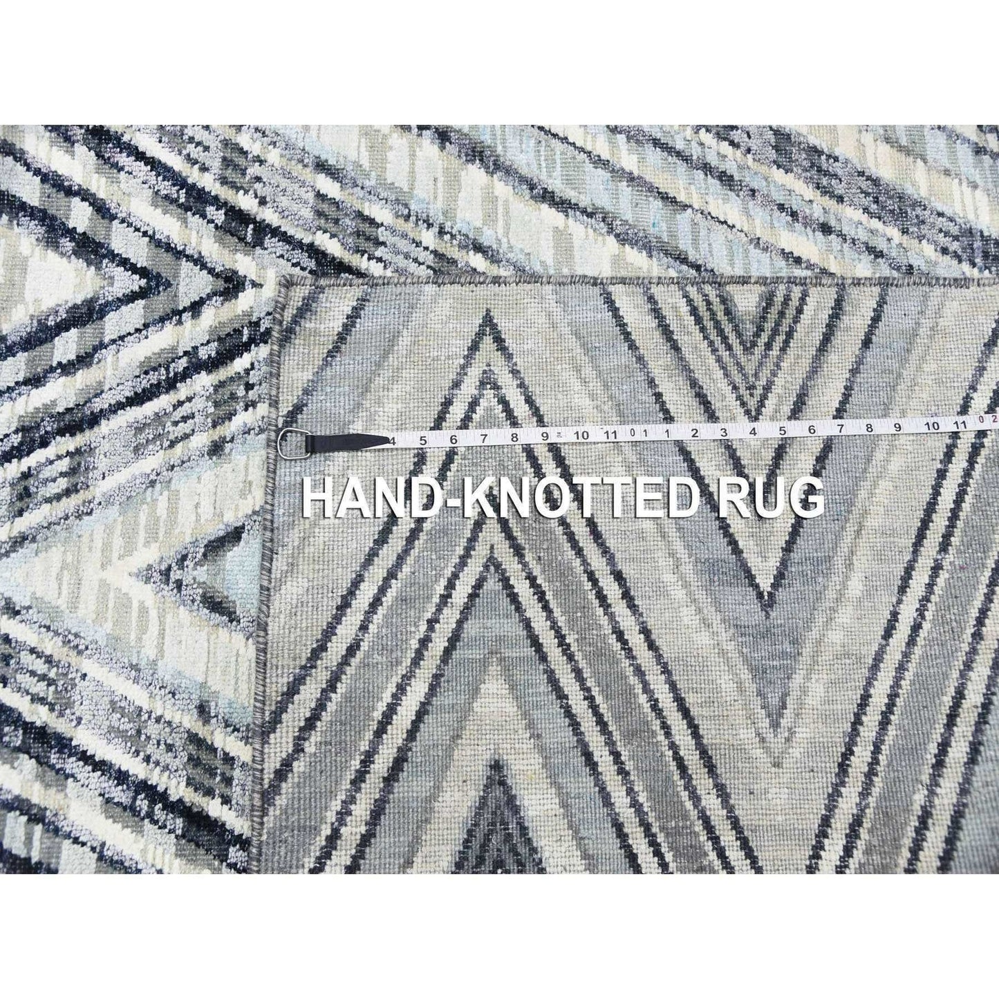 Rug 4'2"x12'4" Ivory Modern Textured Wool-Pure Silk Hand Knotted Runner