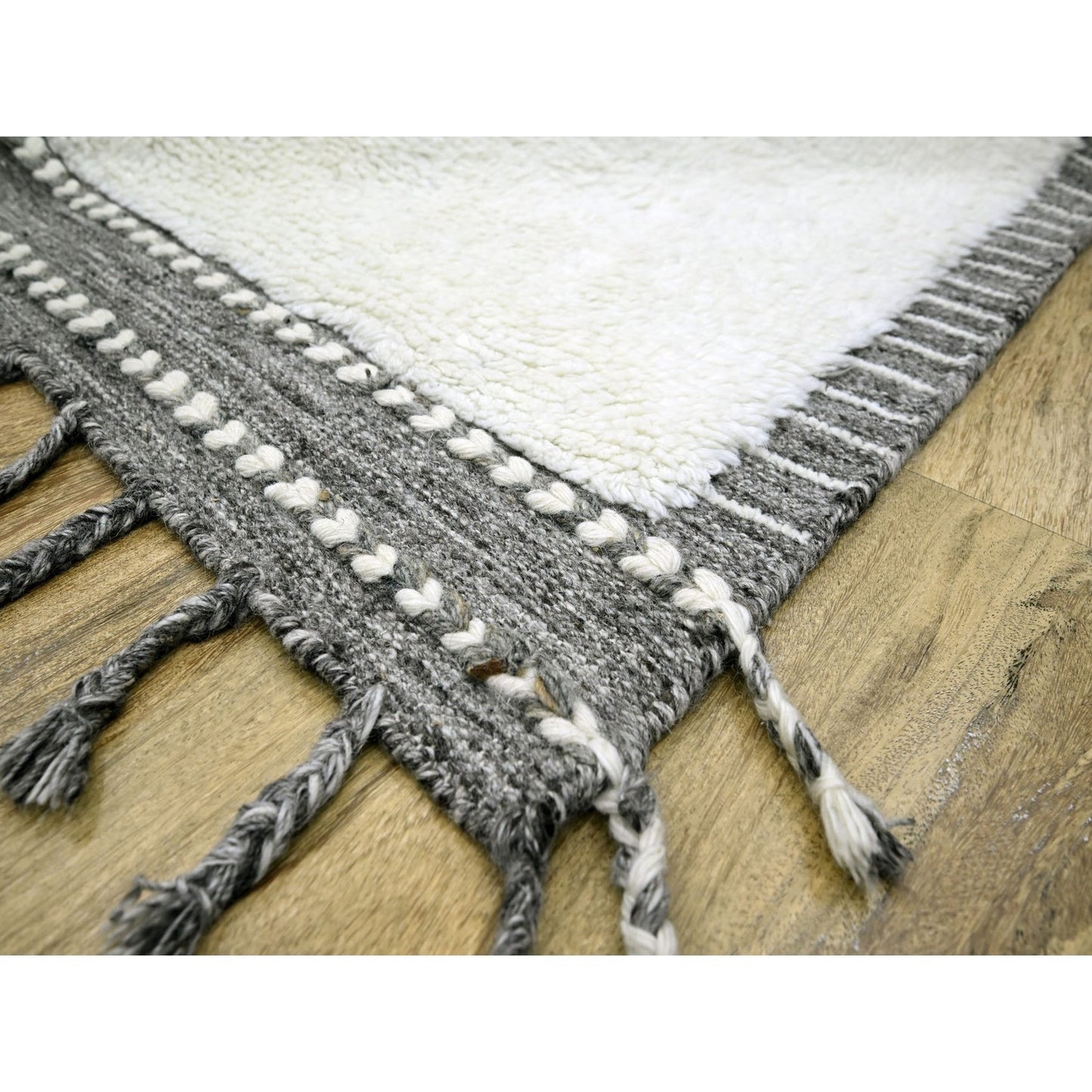 9'2"X12'1" White Moroccan Weave Geometric Design Wool Hand Knotted Rug