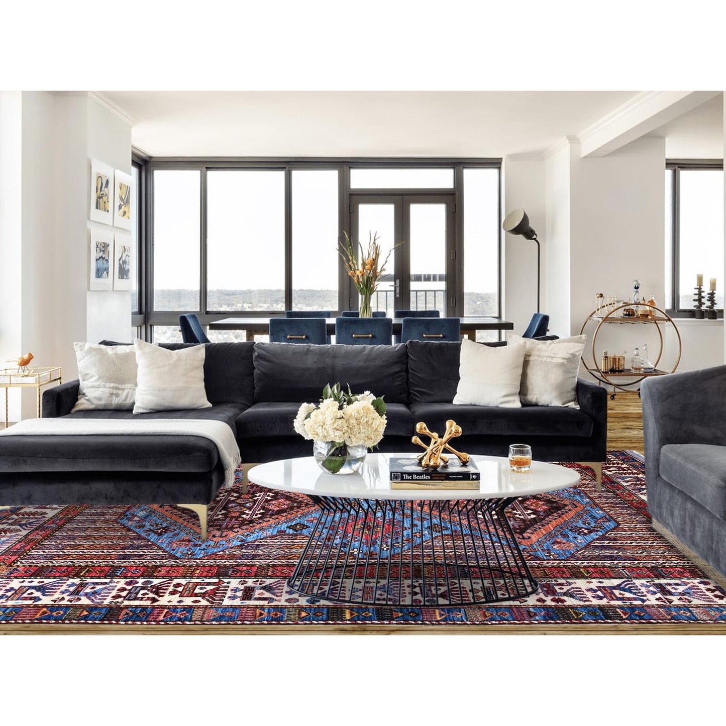 5'10"X9' Azure Blue Hand Knotted Shiny Wool Turkish Knot Striped Rug