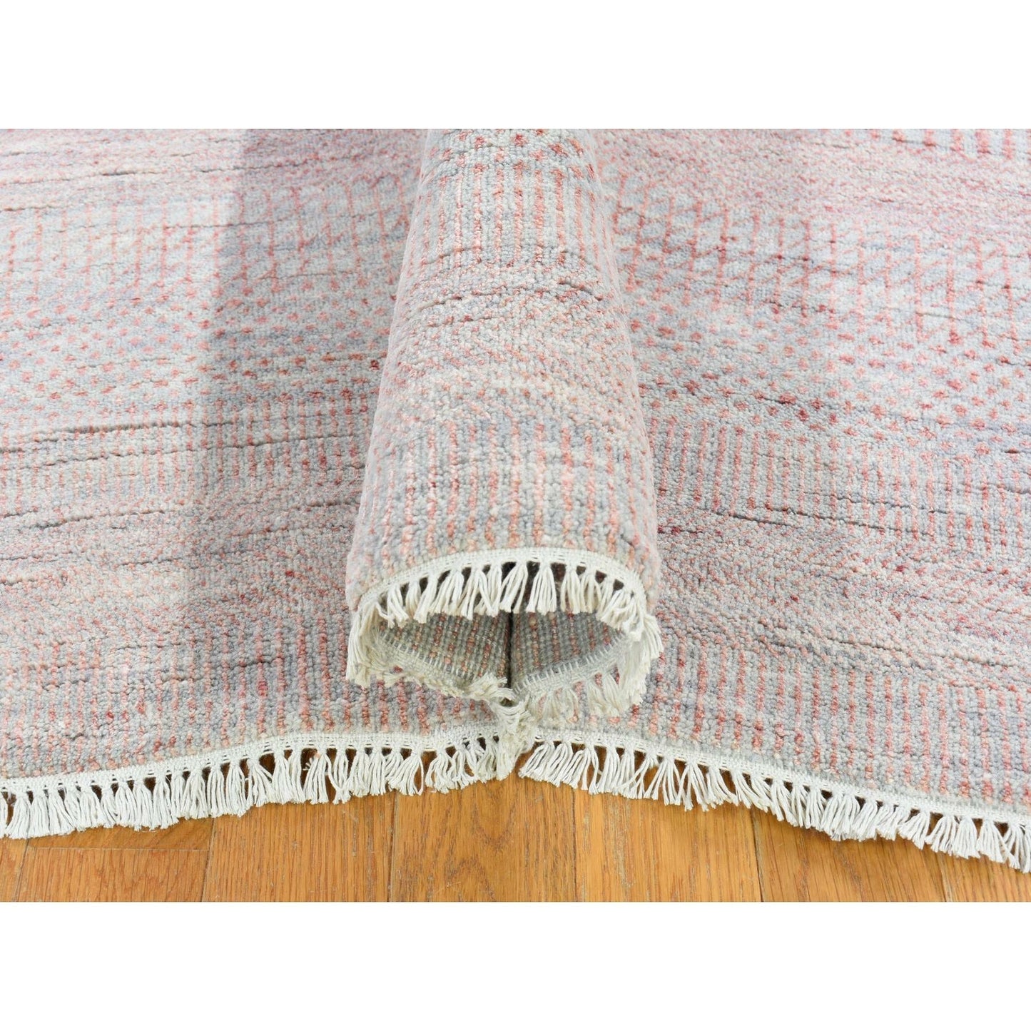 9'X12'1" Pink Grass Design Gabbeh Hand Knotted Wool And Silk Modern Rug
