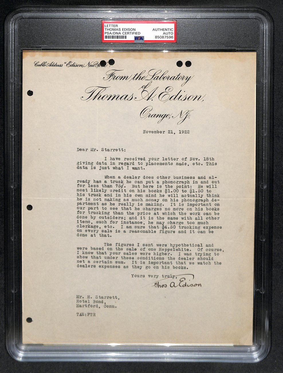 Thomas Edison Auto/Signed Vintage 1922 Tls Letter