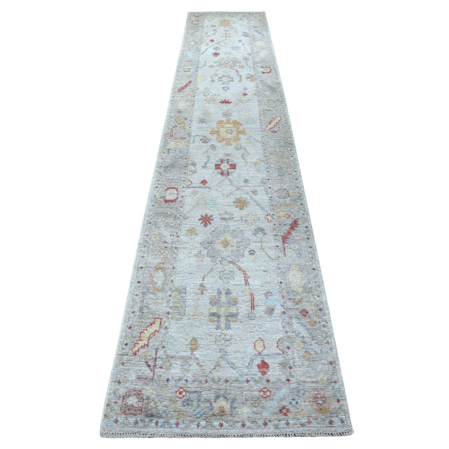 2'6"X14' Soft Velvety Wool Hand Knotted Gray Angora Oushak Runner Rug