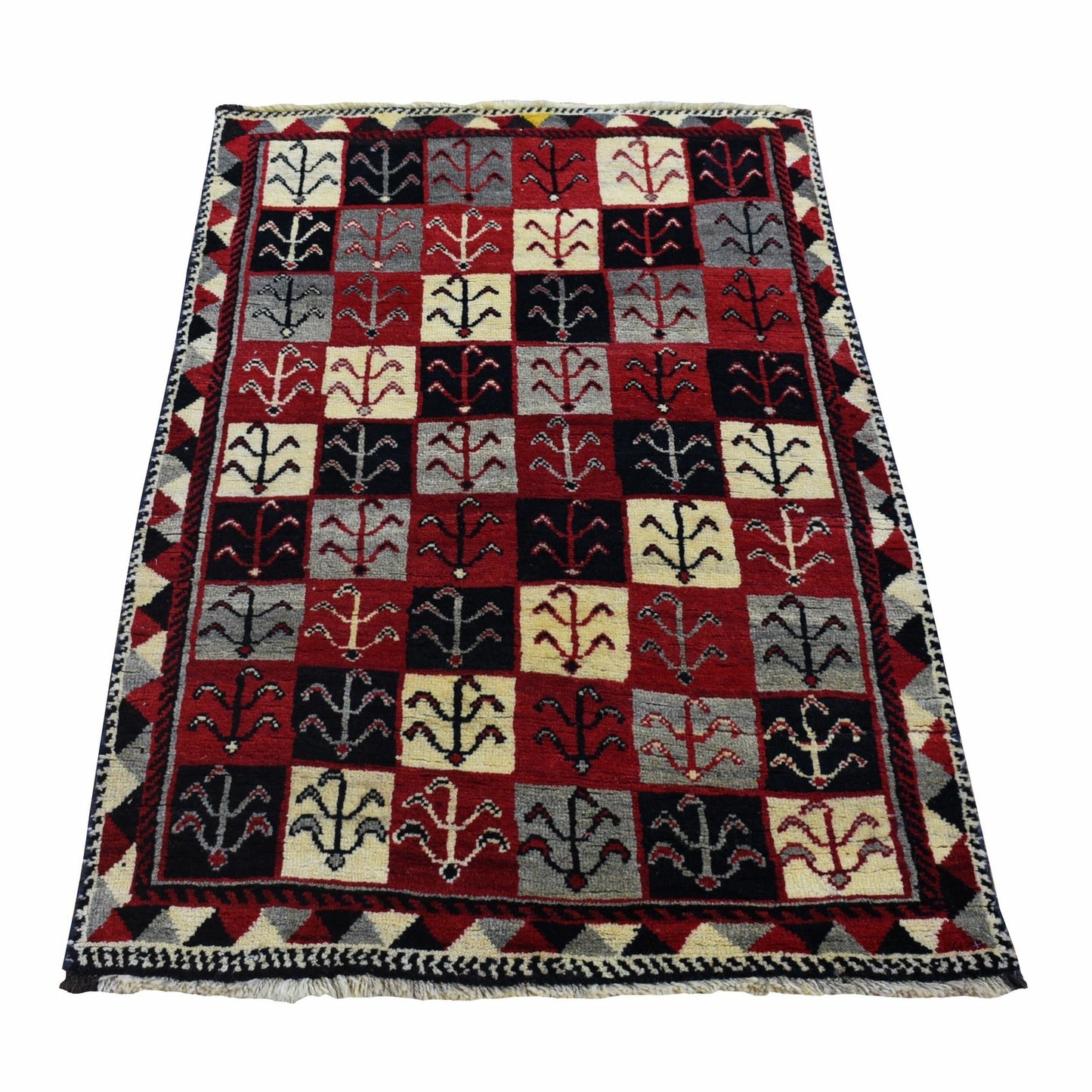 3'7"X5'7" Red New Farsian Gabbeh Checkers Design Hand Knotted Wool Rug