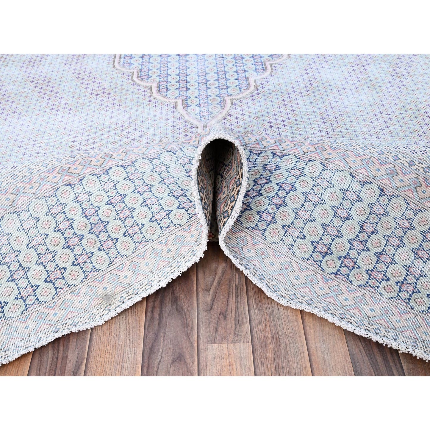7'9"X10'1" Blue Vintage Zoroastrian Karman Pure Wool Hand Knotted Rug