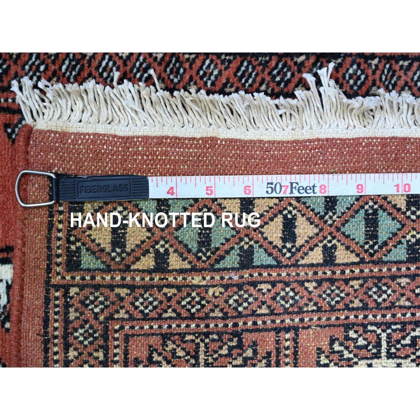 2'6"X19'7" Red Hand Knotted Mori Bokara Geometric Design Wool Runner Rug