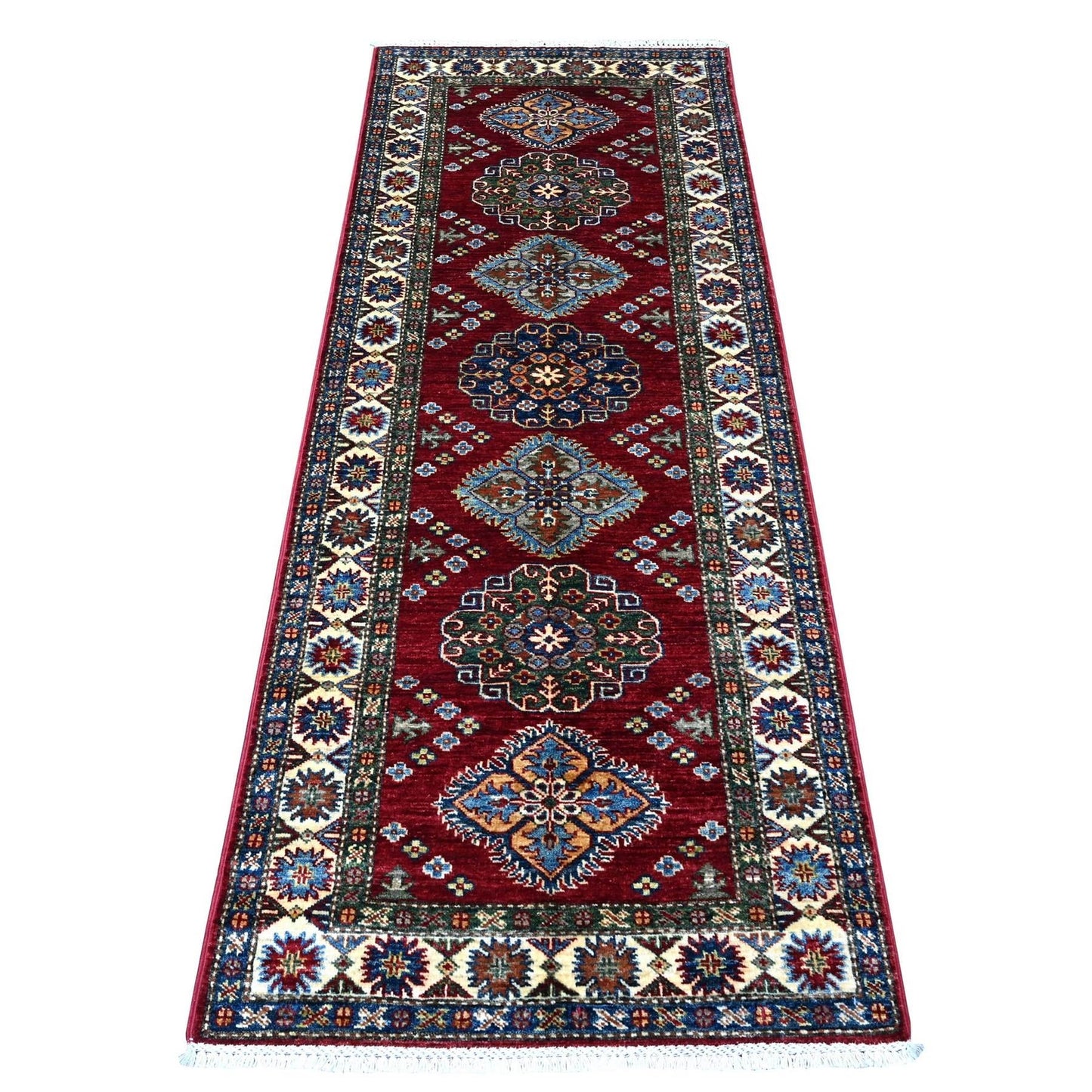 2'8"X7' Red Hand Knotted Super Kazak Geometric Wool Runner Oriental Rug