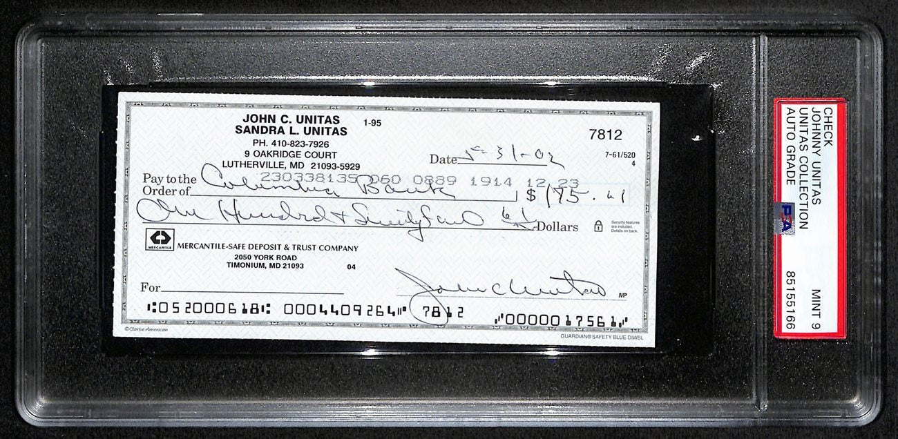 Johnny Unitas Signed 10/31/02 Check Psa/Dna Mint