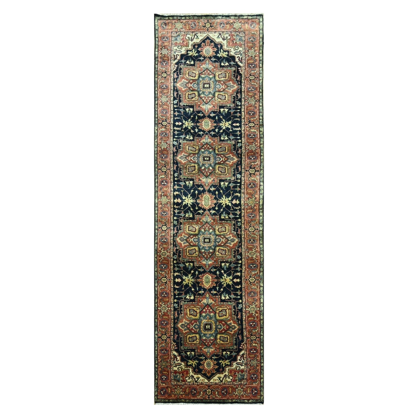 2'7"X10' Navy Heris With Geometric Design Hand Knotted Wool Runner Rug