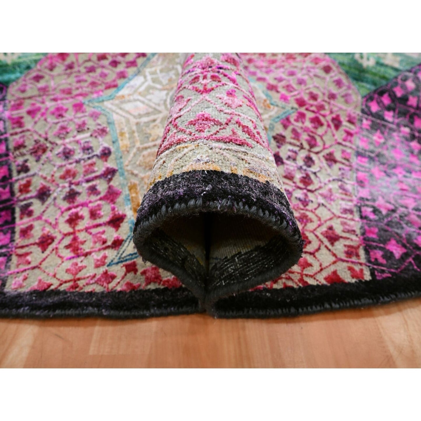 8'1"X8'1" Yellow Mamluk Design Sari Silk With Wool Hand Knotted Round Rug