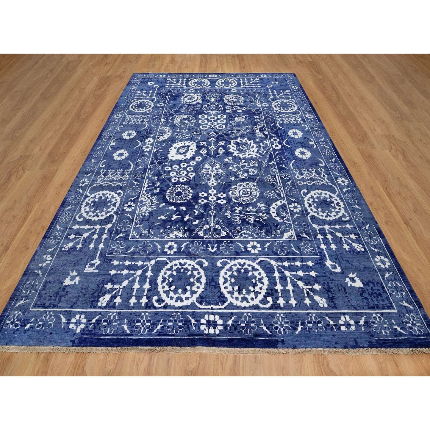 9'X12' Yale Blue Hand Knotted Tebraz With Leaf Motifs Wool And Silk Rug