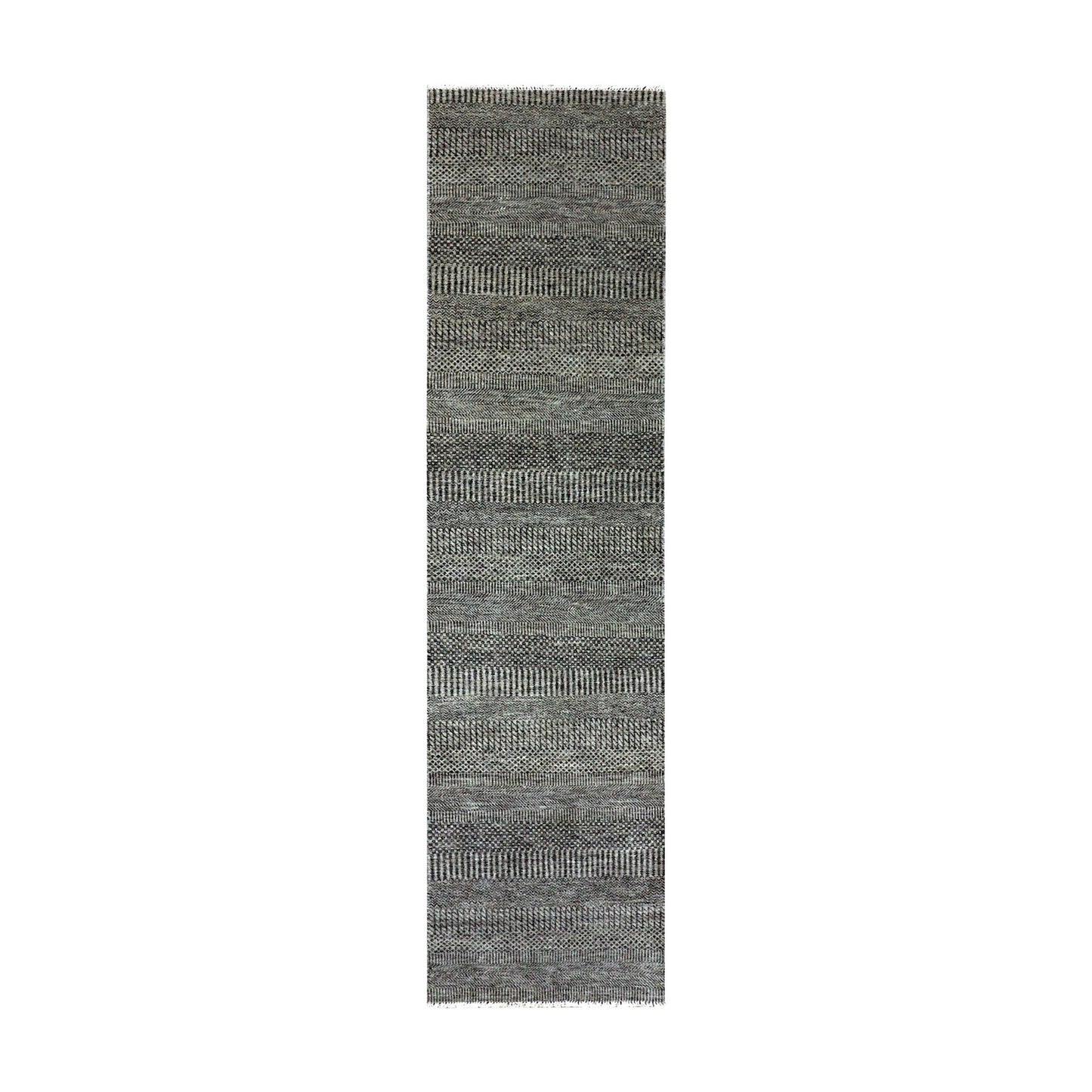 2'6"X10' Pastel Gray Hand Knotted Grass Design Undyed Wool Runner Rug