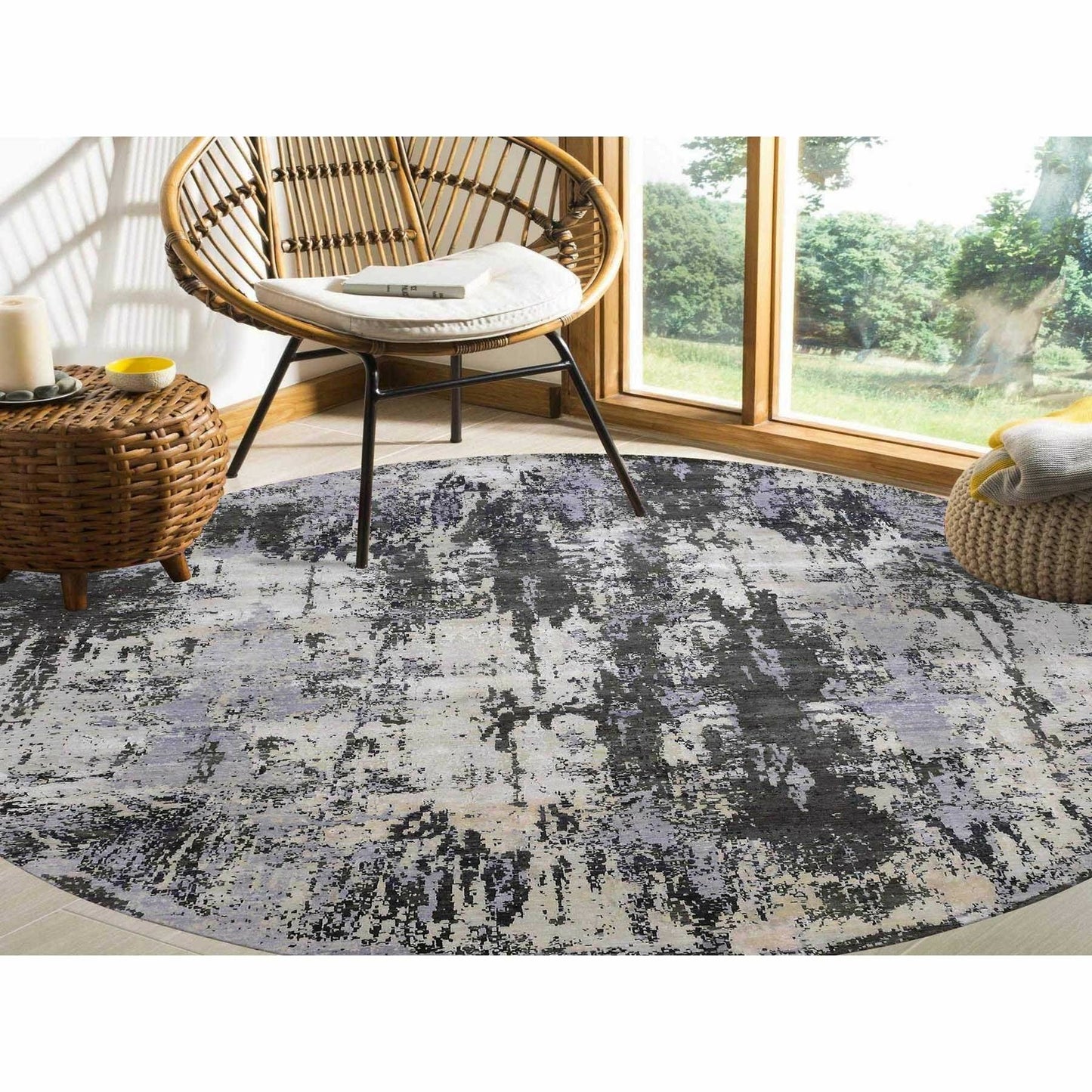10'X10' Charcoal Gray Wool And Silk Denser Weave Hand Knotted Round Rug