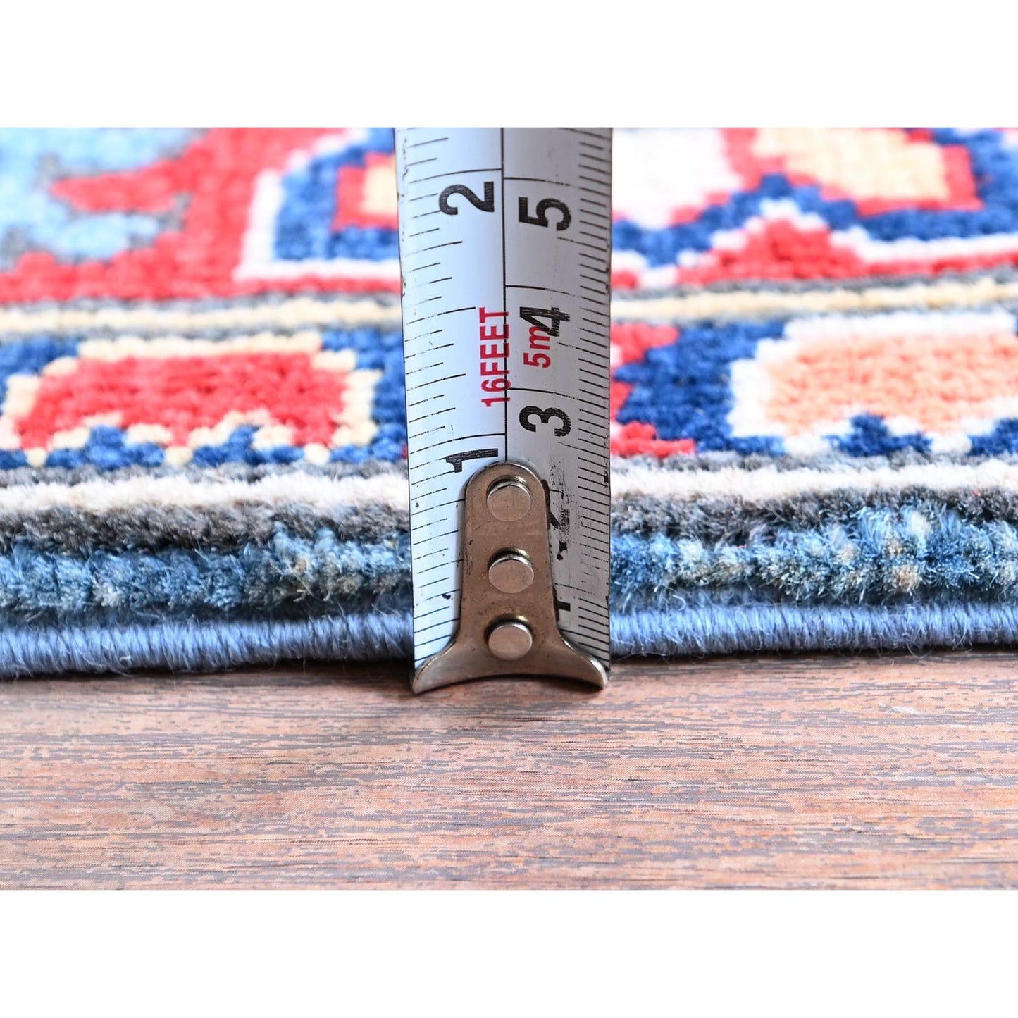 2'9"X9'6" Blue Kazak With Tribal Design Hand Knotted Soft Wool Runner Rug