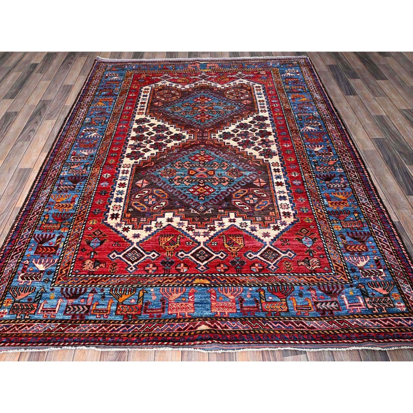 6'X7'8" Ivory Afghan Caucasian Design Revival Soft Wool Hand Knotted Rug