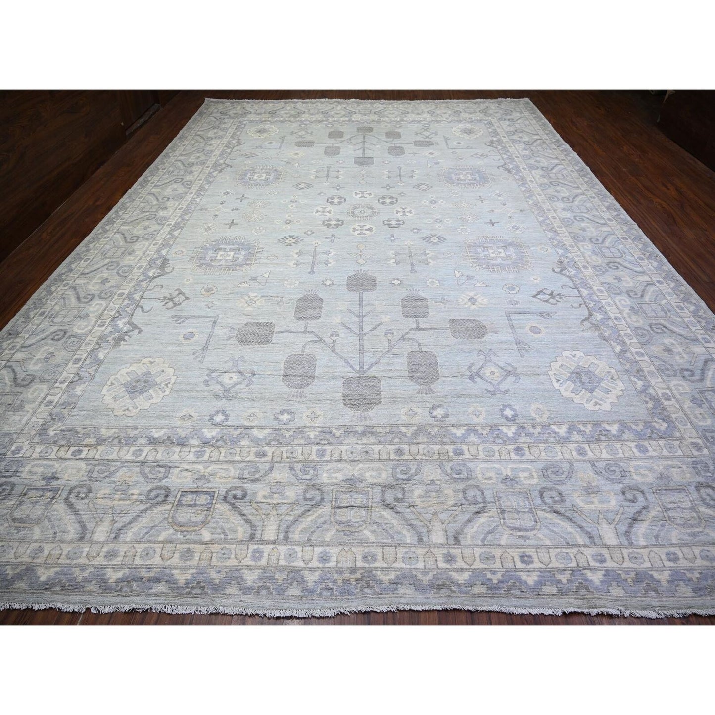 11'10"X16'3" Gray Wool Hand Knotted White Wash Peshawar Oversized Rug