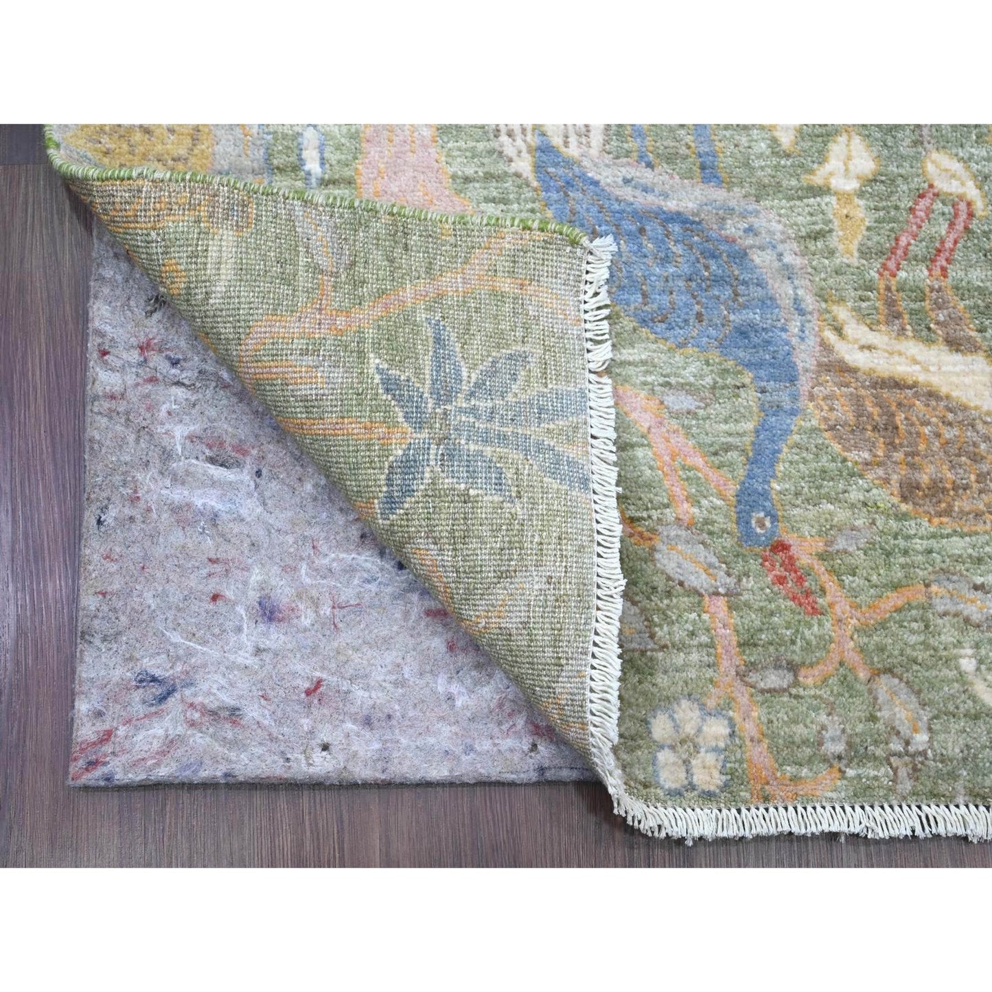 2'7"X19'9" Green Wool Afghan Peshawar Bird Design Hand Knotted Runner Rug