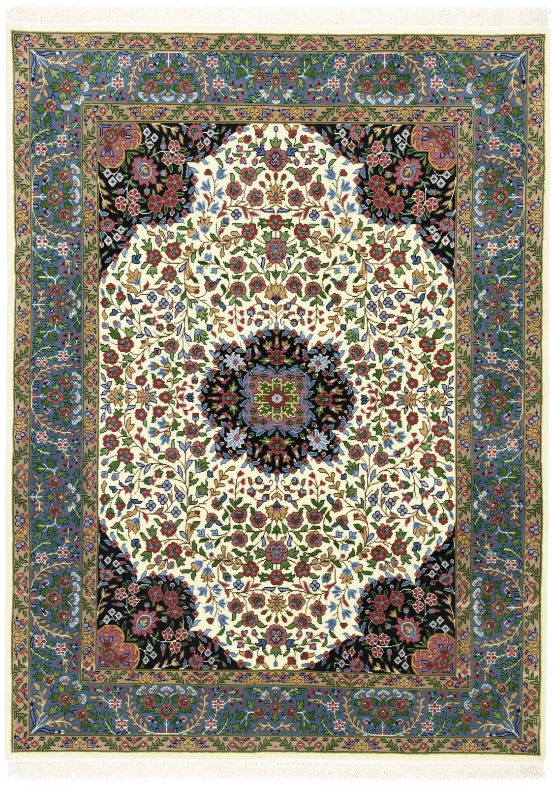 Handmade Kirman Oriental Rug Cream & Blue Floral