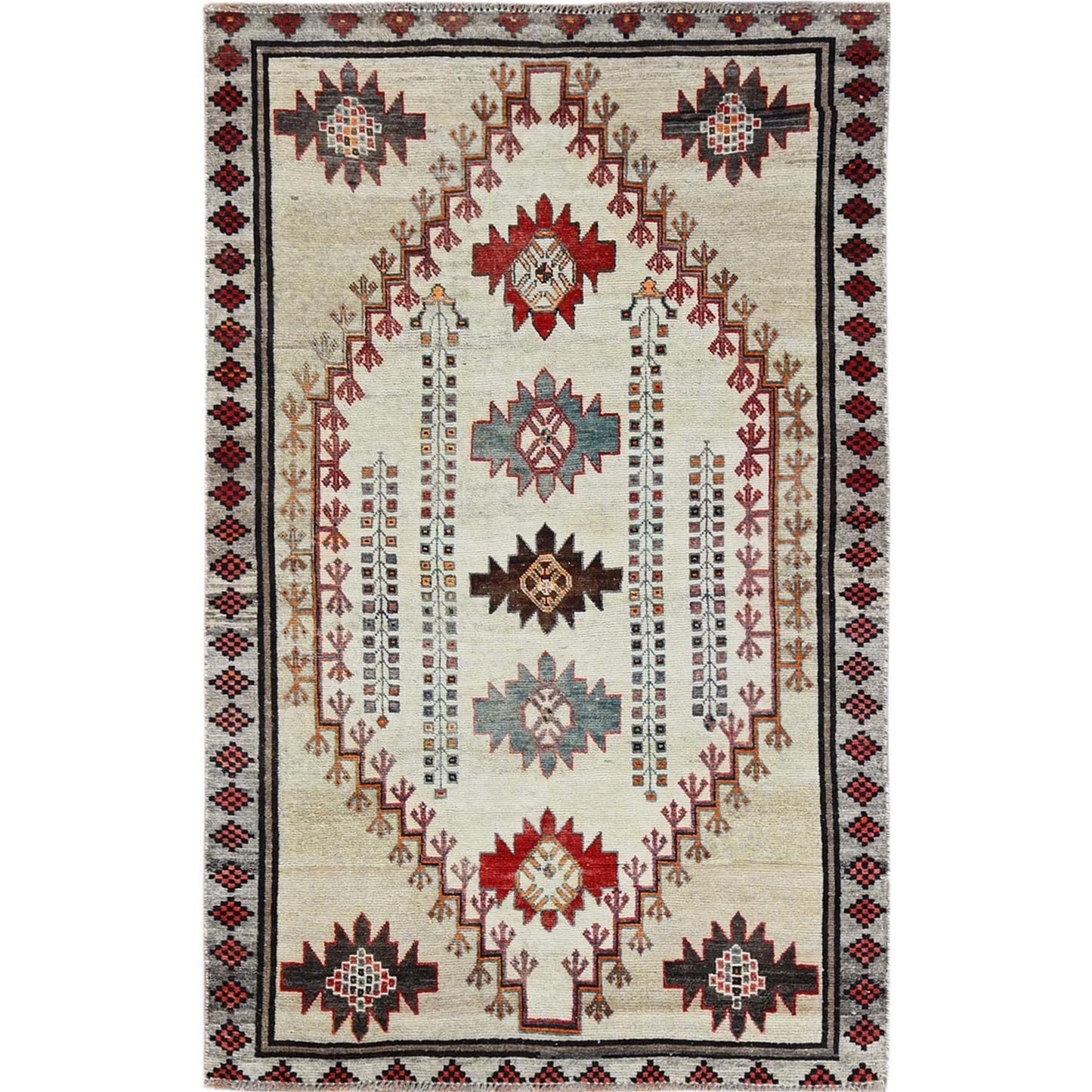 4'2"X6'7" Ivory Vintage Zoroastrian Sheeraz Hand Knotted All Wool Clean Rug